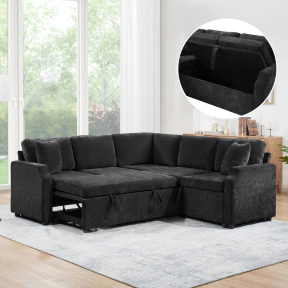 Angle. LUCKY ONE - 81.9" L-Shaped Sectional Sofa Bed w/ Pull-Out Sleeper & Hidden Storage Compartment - Black.
