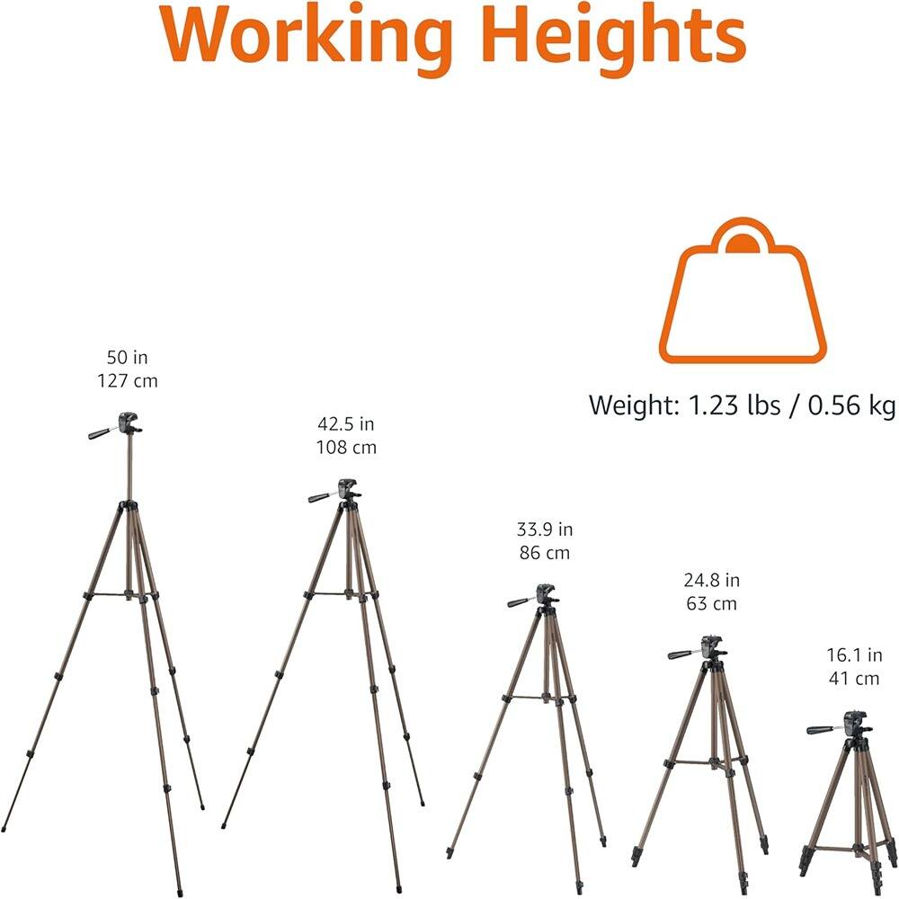 Working Heights

50 in / 127 cm  
42.5 in / 108 cm  
33.9 in / 86 cm  
24.8 in / 63 cm  
16.1 in / 41 cm  

Weight: 1.23 lbs / 0.56 kg