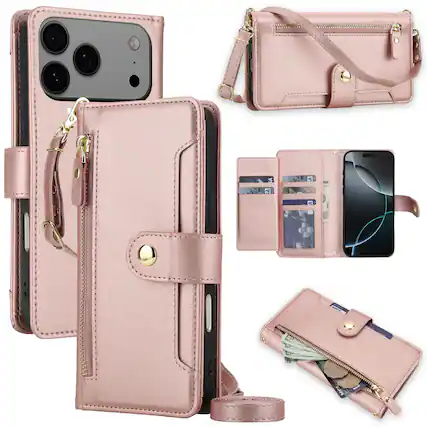 Front. Dteck - Zipper Wallet Case for Apple iPhone 17 Pro,Crossbody Faux Leather Folio Cover with Card Holder Kickstand - Rosegold.