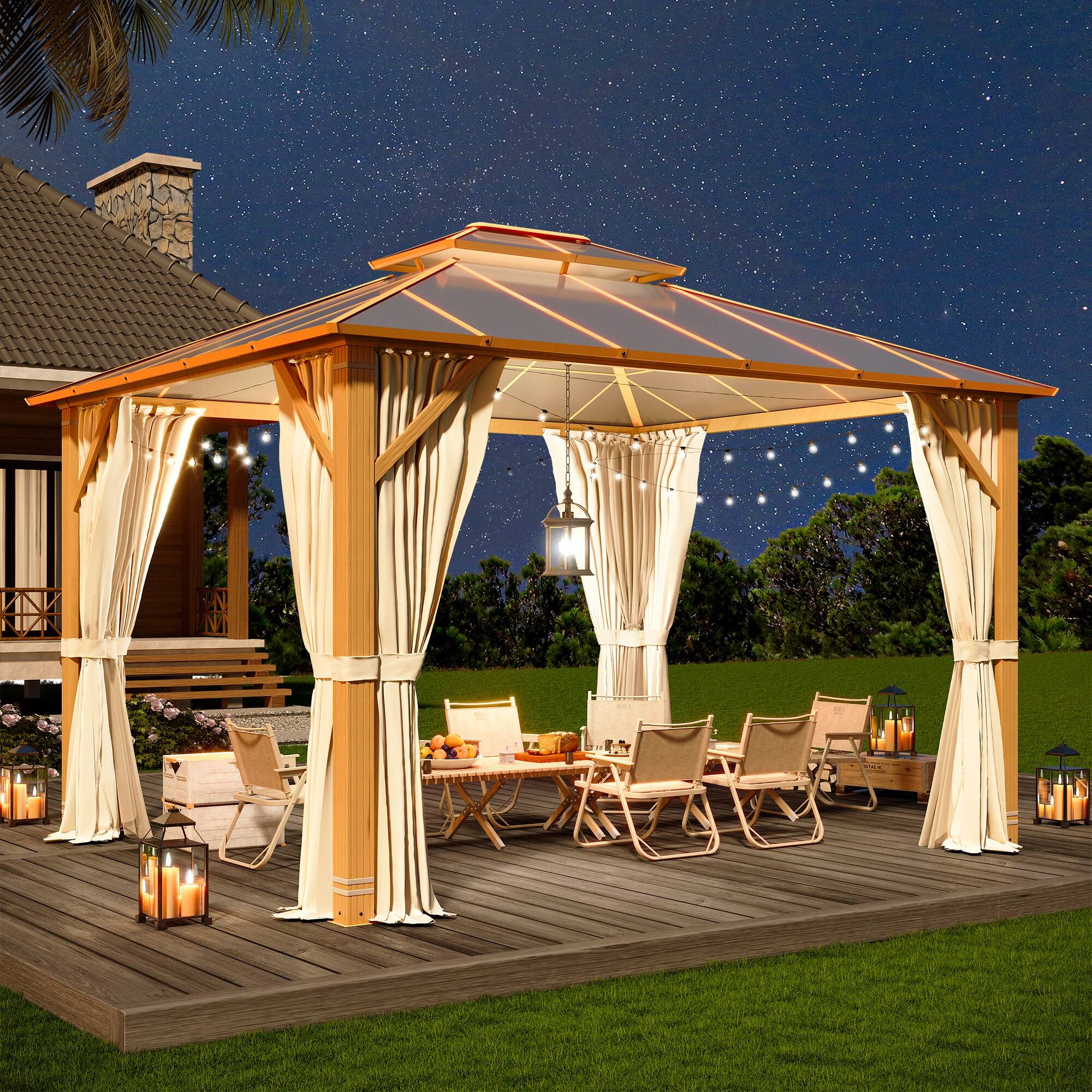 Angle. U-HOMY - Waterproof Aluminum Hardtop Gazebo with Netting & Curtains for Patio and Garden, Dark Grey - 10' x 12'.