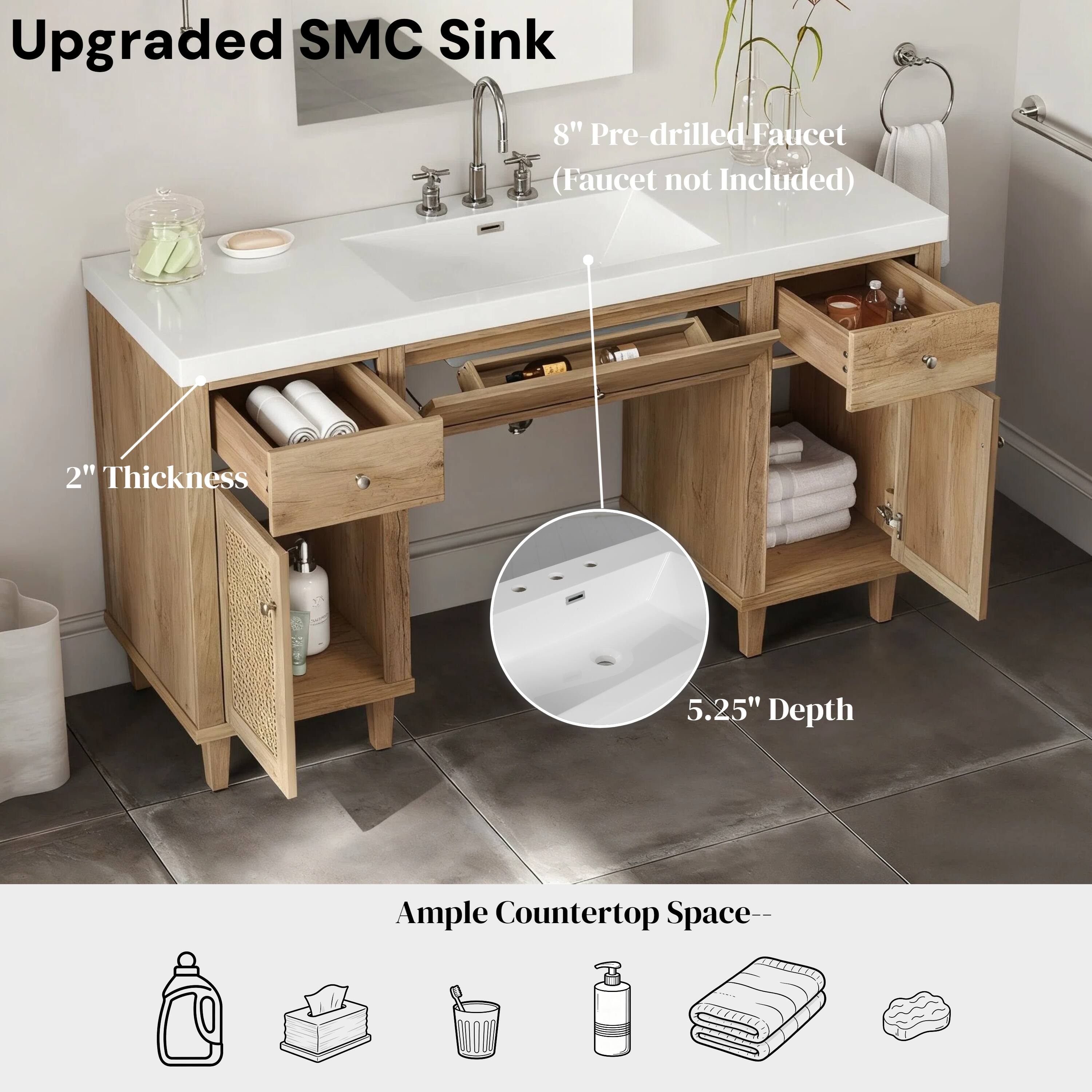 Upgraded SMC Sink  
8" Pre-drilled Faucet (Faucet not Included)  
2" Thickness  
5.25" Depth  
Ample Countertop Space