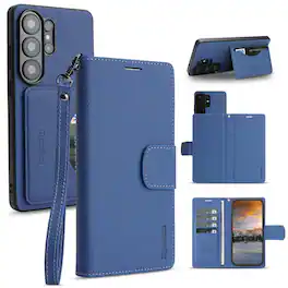 Dteck - 2-in-1 Detachable Wallet Case for Samsung Galaxy S26 Ultra, RFID Faux Leather Shockproof Cover with Wrist Strap - Blue