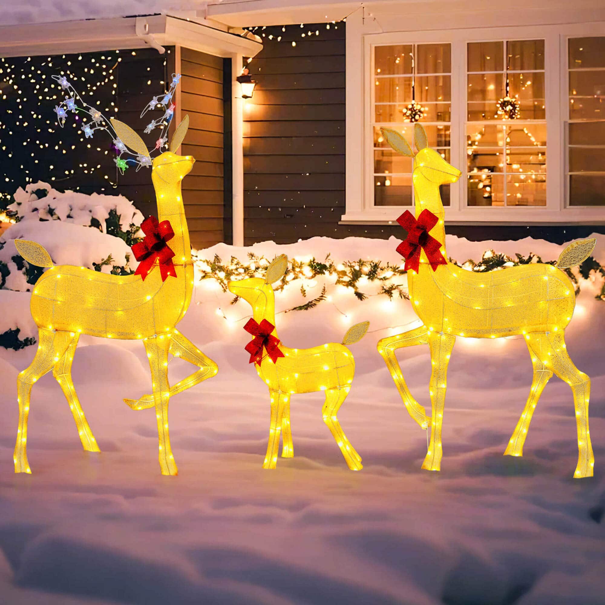 Costway - 3 PCS Lighted Family Deer Set with LED Lights RGB Flashing Lights 12 Ground Stakes Advent Calendar - Yellow