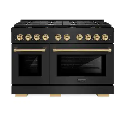 Front. ZLINE - Autograph 48" Paramount Black Stainless Gas Range w/ 8 Burners & Gold Accents (SGRBZ-48-G) - Black Stainless Steel.