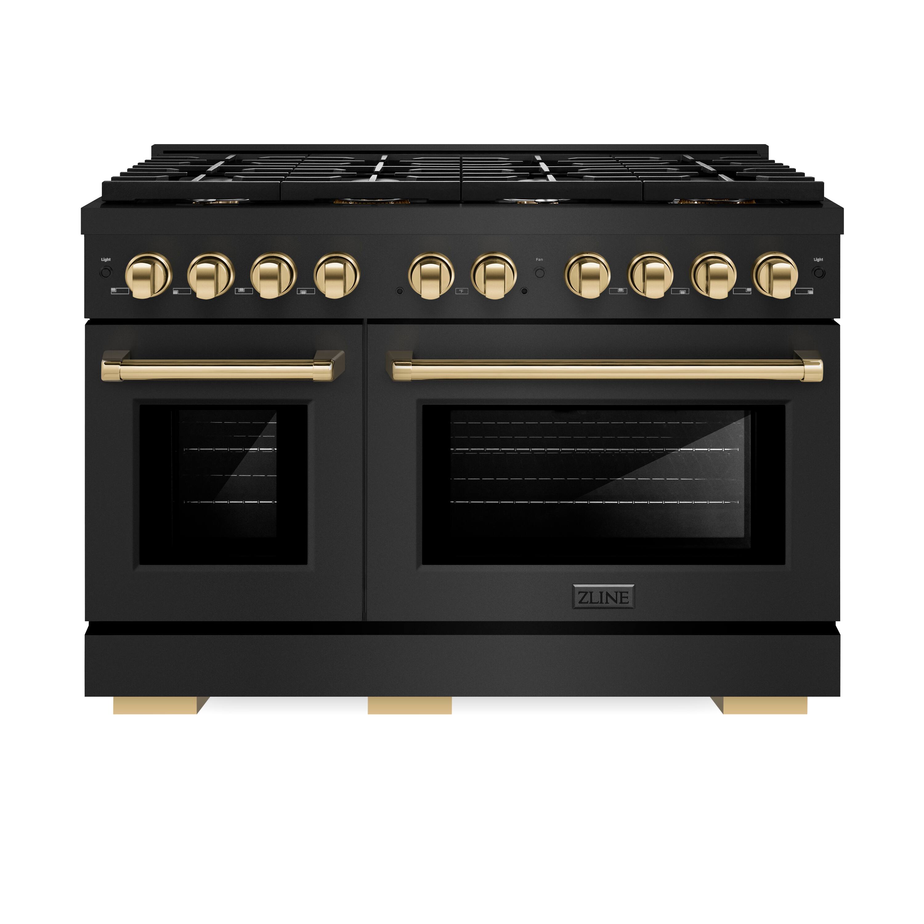 Front. ZLINE - Autograph 48" Paramount Black Stainless Gas Range w/ 8 Burners & Gold Accents (SGRBZ-48-G) - Black Stainless Steel.