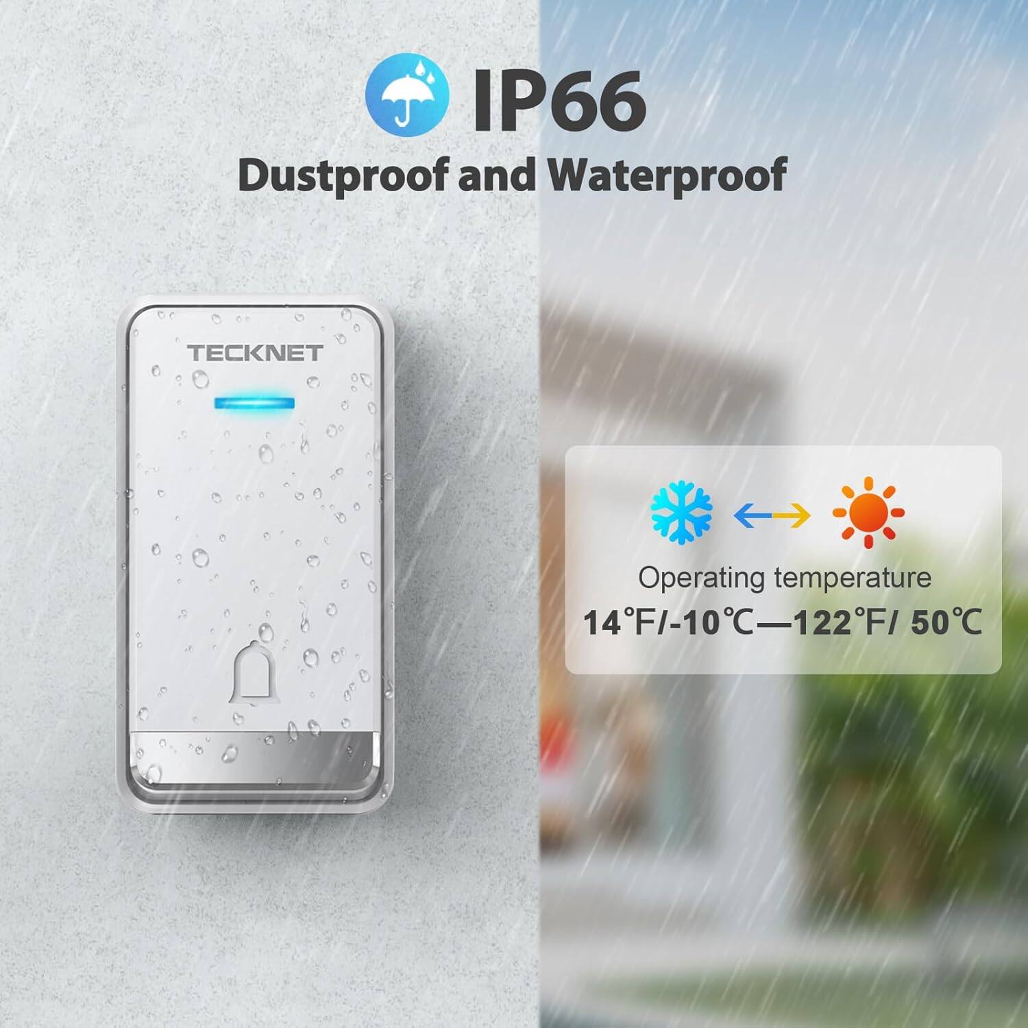IP66 Dustproof and Waterproof  
TECKNET  
Operating temperature 14°F/-10°C to 122°F/50°C