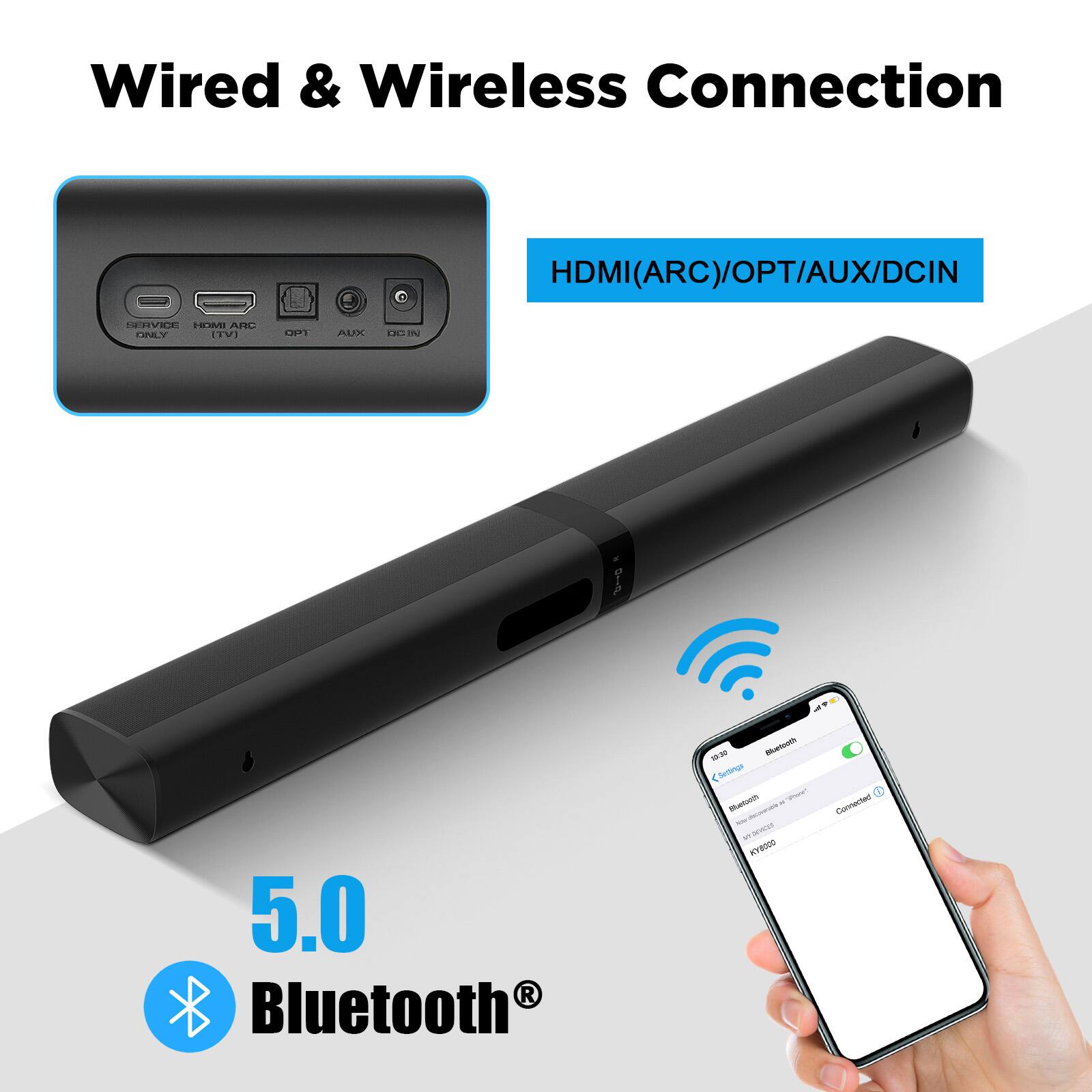 Wired & Wireless Connection

HDMI(ARC)/OPT/AUX/DCIN

5.0 Bluetooth®