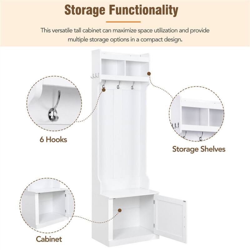 Storage Functionality

This versatile tall cabinet can maximize space utilization and provide multiple storage options in a compact design.

- 6 Hooks
- Storage Shelves
- Cabinet