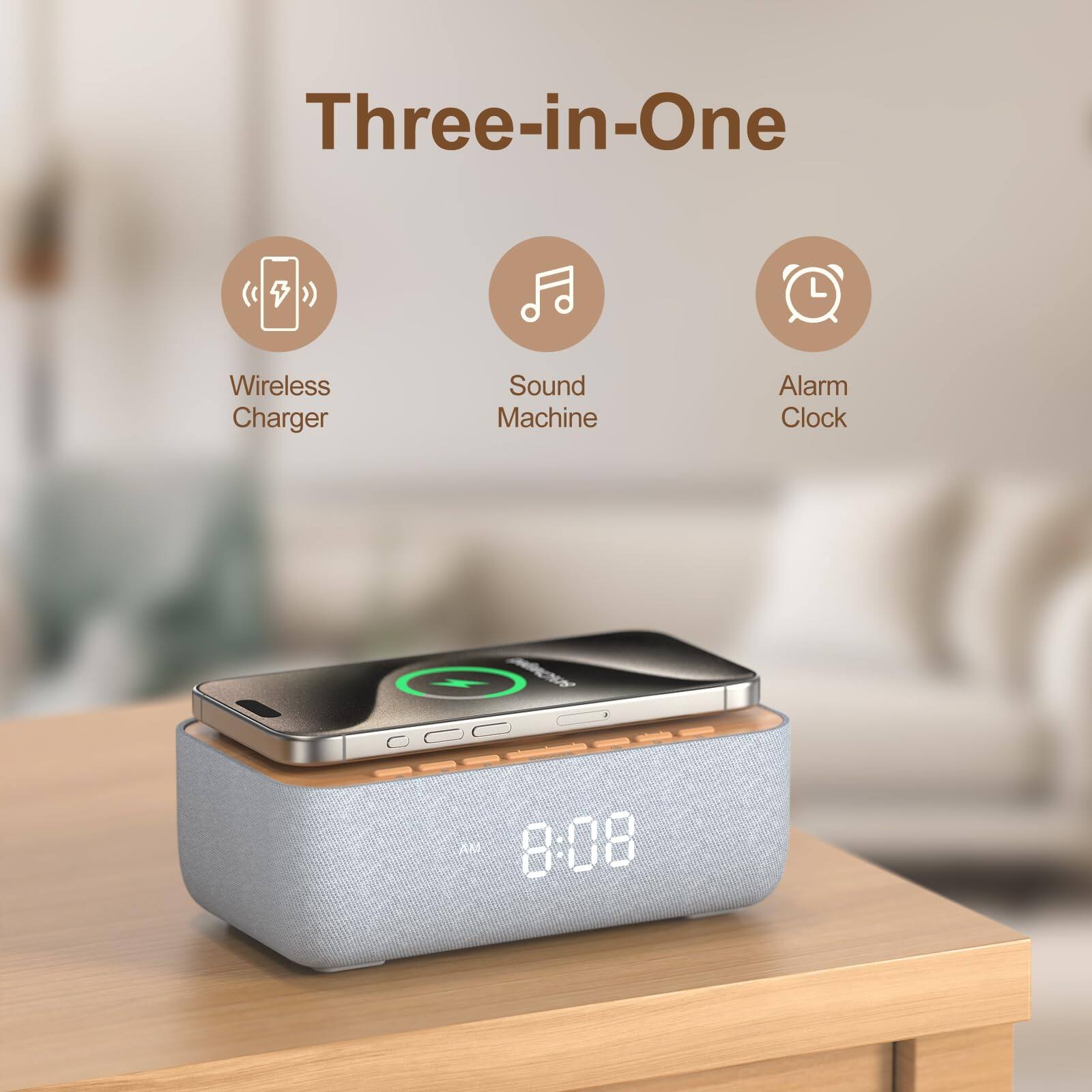 Three-in-One Wireless Charger Sound Machine Alarm Clock