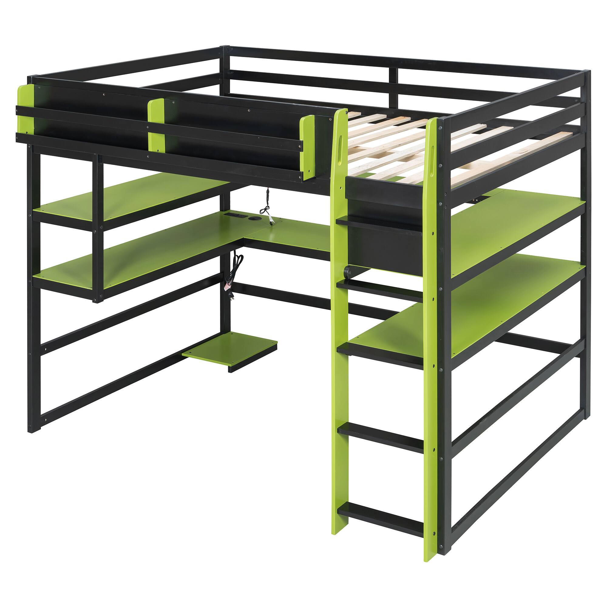 Back. Anysun - Full Size Wood Loft Bed with Desk,Side storage rack,Multi-storage Shelves and RGB Light - Green.