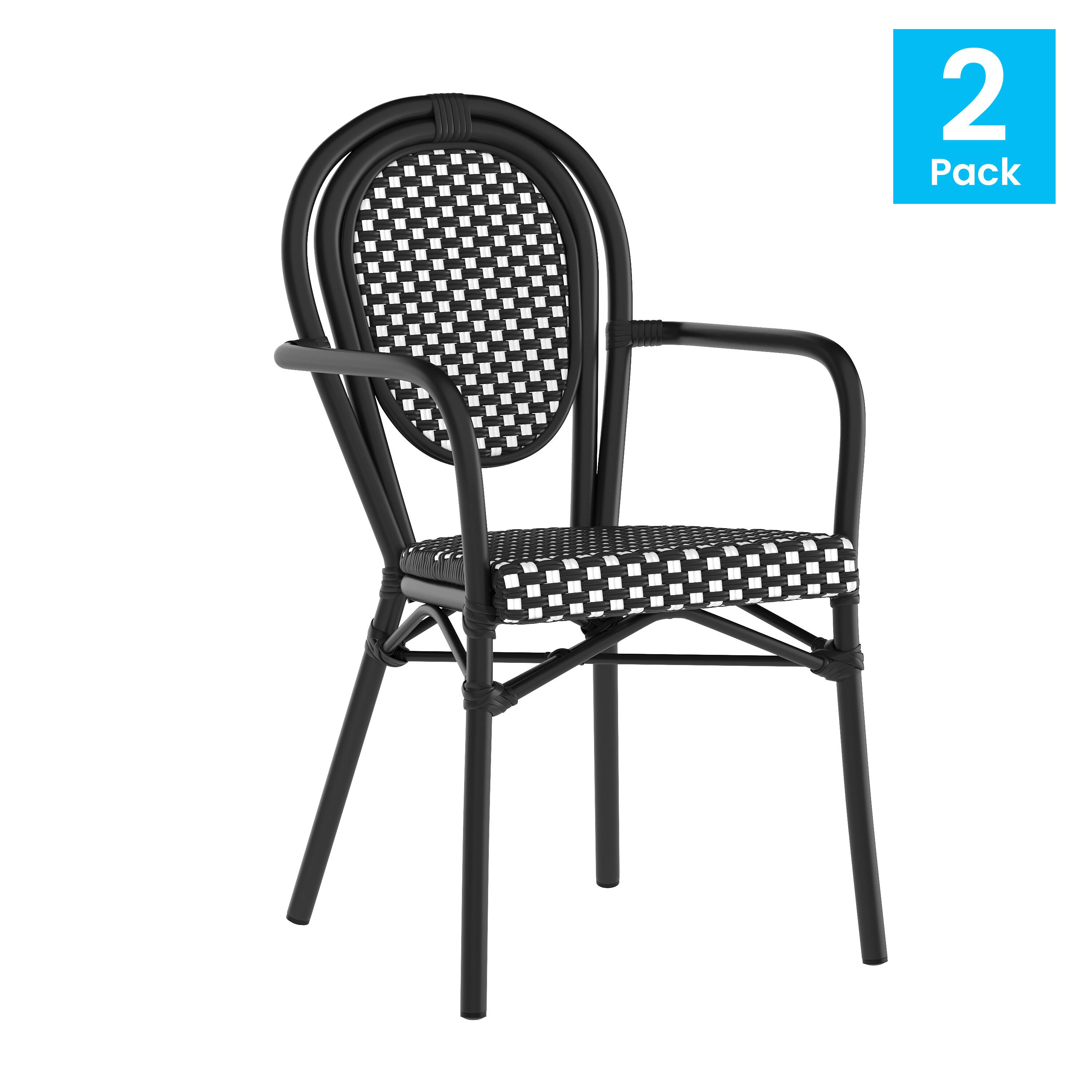 Alt View 1. Flash Furniture - 2 Pack Lourdes Indoor/Outdoor Commercial Thonet Bistro Stacking Chair with Arms, Black and White PE Rattan and Black Alu - Black.