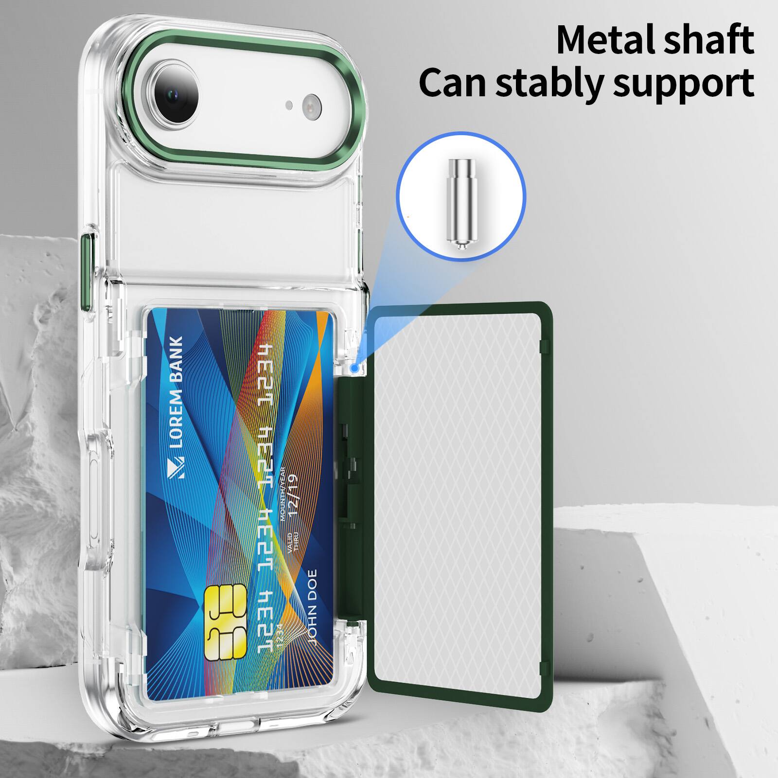 Metal shaft can stably support

BANK LOREM  
HE2T 1234  
VALID THRU 12/19  
JOHN DOE