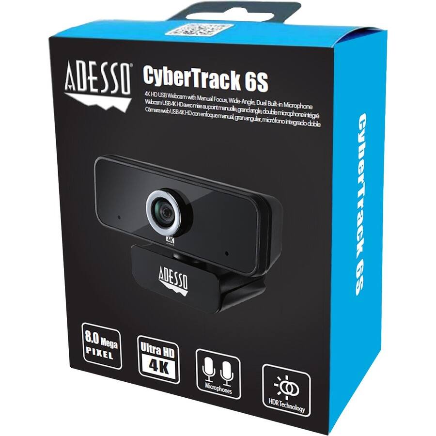 ADESSO CyberTrack 6S

4K-HD USB Webcam with Manual Focus, Wide-Angle, Dual Built-in Microphone

- 8.0 Mega Pixel
- Ultra HD 4K
- Microphones
- HDR Technology
- Compatible with Windows and Mac
- Dual Built-in Microphone
- Wide-Angle Lens