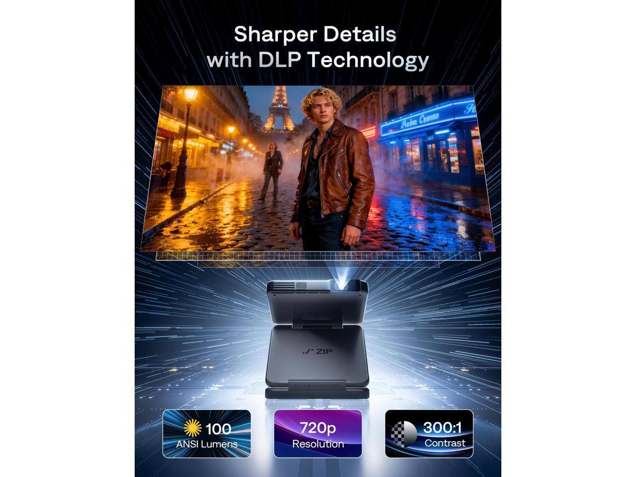 Sharper Details with DLP Technology  
100 ANSI Lumens  
720p Resolution  
300:1 Contrast