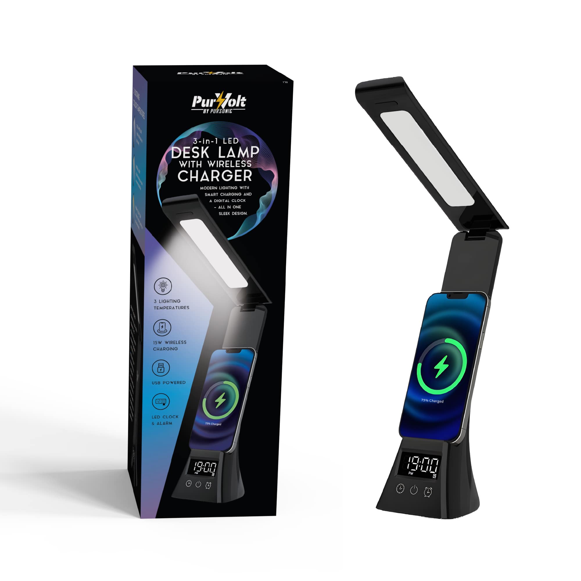 SO Purz/ol BY PURTERE 3-in-1 LED DESK LAMP WITH WIRELESS CHARGER MOSAN UISTIVO - SAR CMARSND A - CROTAL ddda AIL I  SLUES DESIN 1 LIGHTINO TEMPERATIRES D  WIDELESS CHARGNG  u POVERED CD0 I Lag LEO CLINA + ALAUN - 0. JU - UU a C 10:00 iug