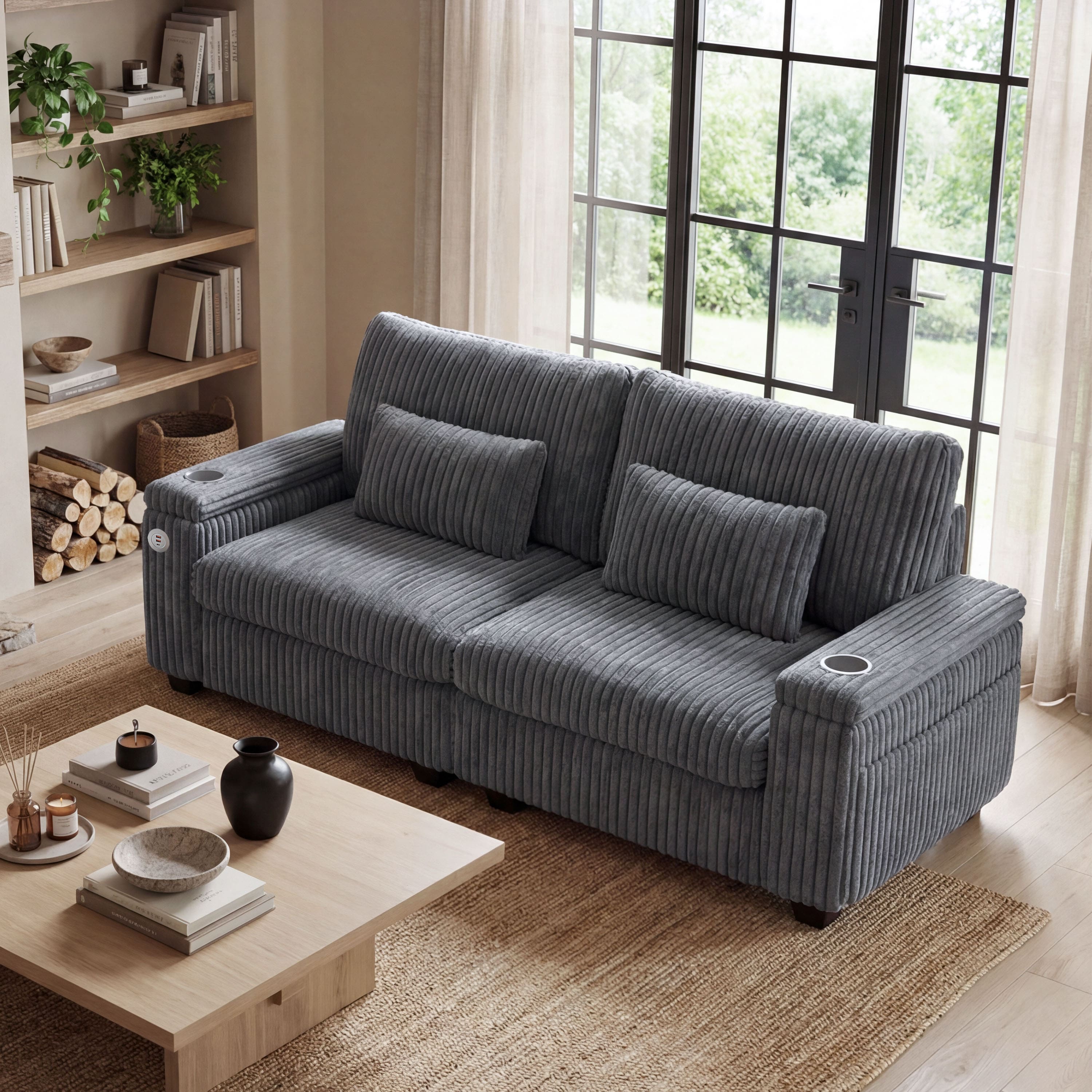 Dyonery - 91-inch modern-style two-seater sofa with charging cup holder and armrest storage, in wide corduroy gray color - Gray