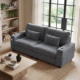 Dyonery - 91-inch modern-style two-seater sofa with charging cup holder and armrest storage, in wide corduroy gray color - Gray