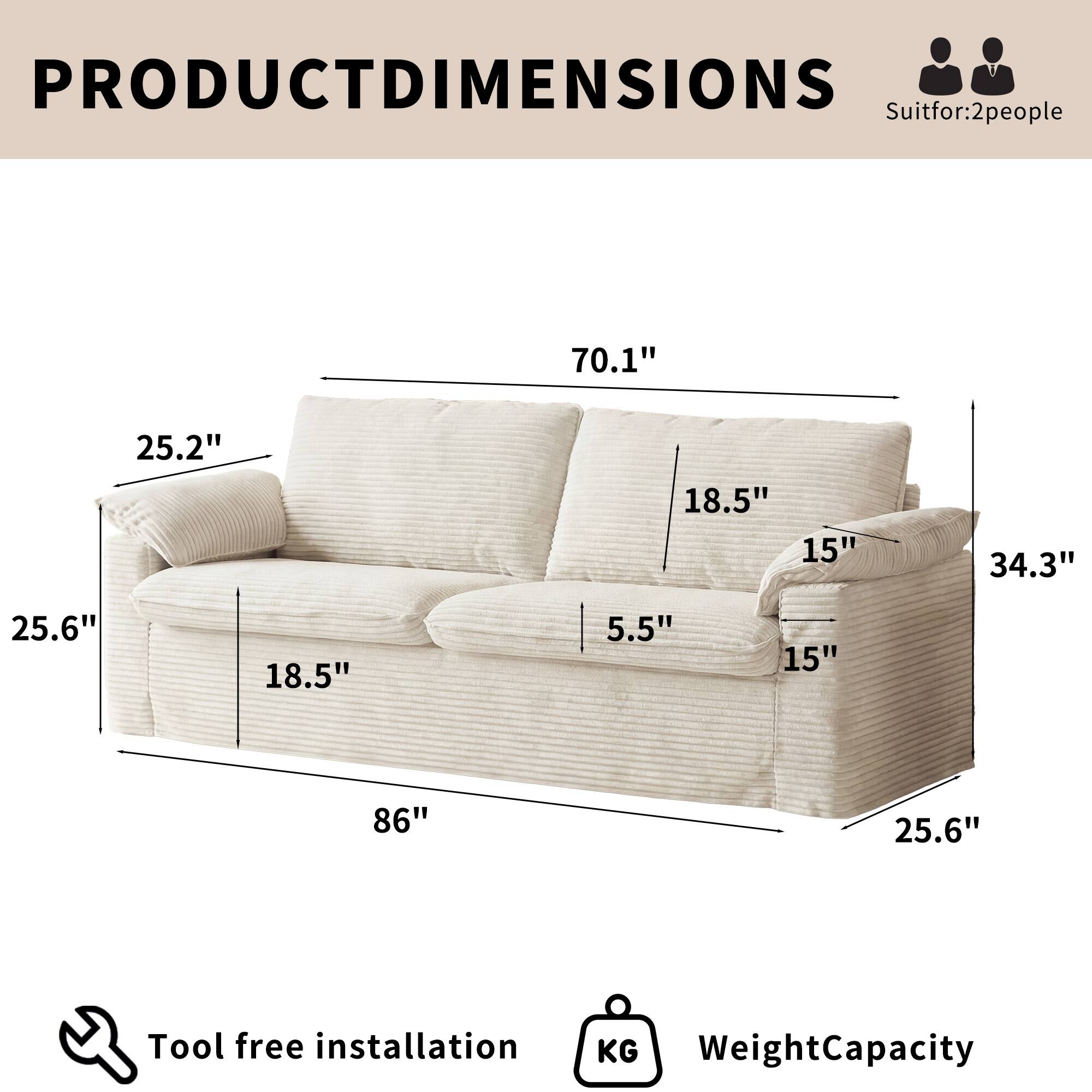 PRODUCT DIMENSIONS  
Suit for: 2 people  

- 70.1"  
- 25.2"  
- 18.5"  
- 15"  
- 34.3"  
- 25.6"  
- 18.5"  
- 5.5"  
- 15"  
- 86"  
- 25.6"  

Tool free installation  
Weight Capacity