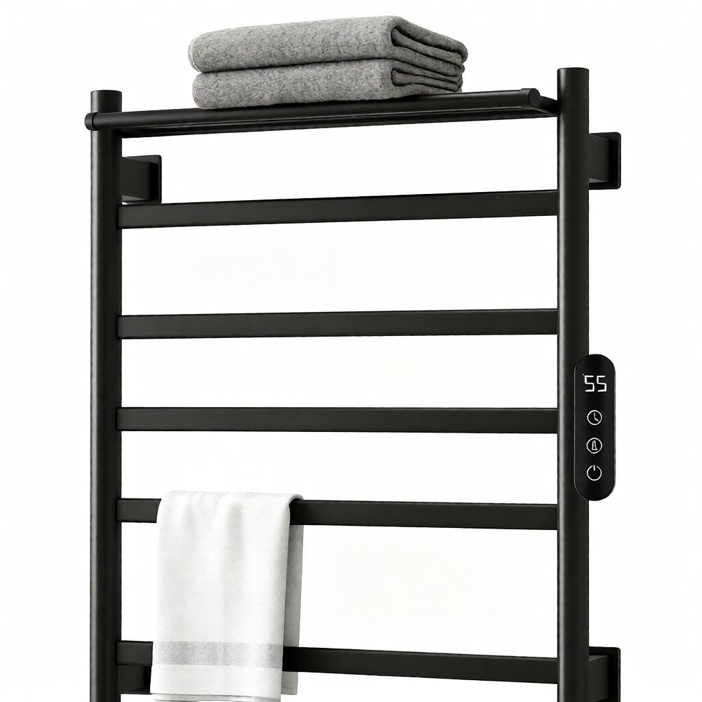 Left. COWLOWN - 7-Bar Electric Heated Towel Rack for Bathroom 150w 800x500mm Wall Mounted w Touch Timer Temp Control - Stainless Steel Finish (Silver).