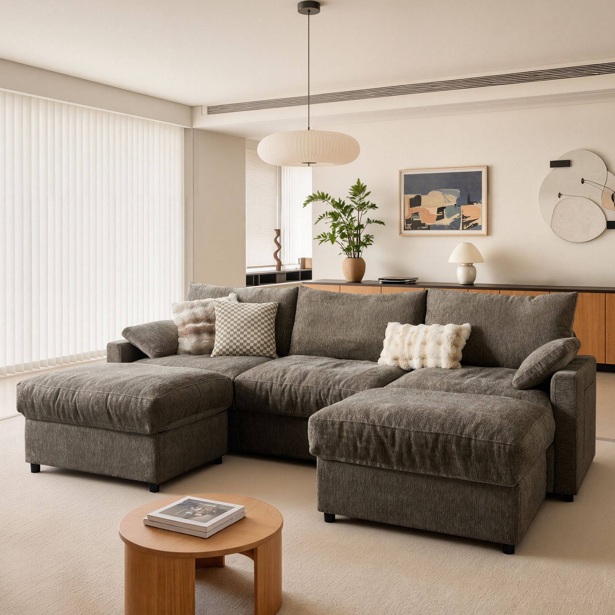 Front. Ovios - 110" Oversized Sectional Sofa, U-Shaped Couch with Ottomans, Deep Seat Chenille Sofa for Living Room - Brown.