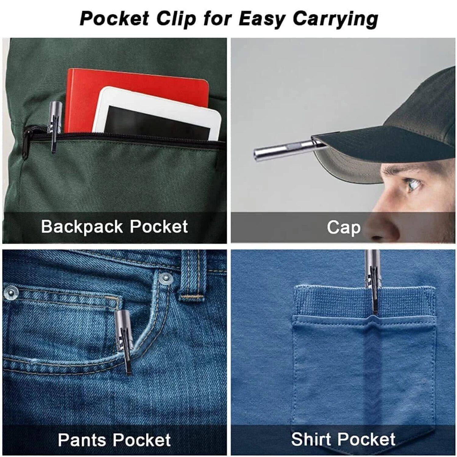Pocket Clip for Easy Carrying

Backpack Pocket

Cap

Pants Pocket

Shirt Pocket