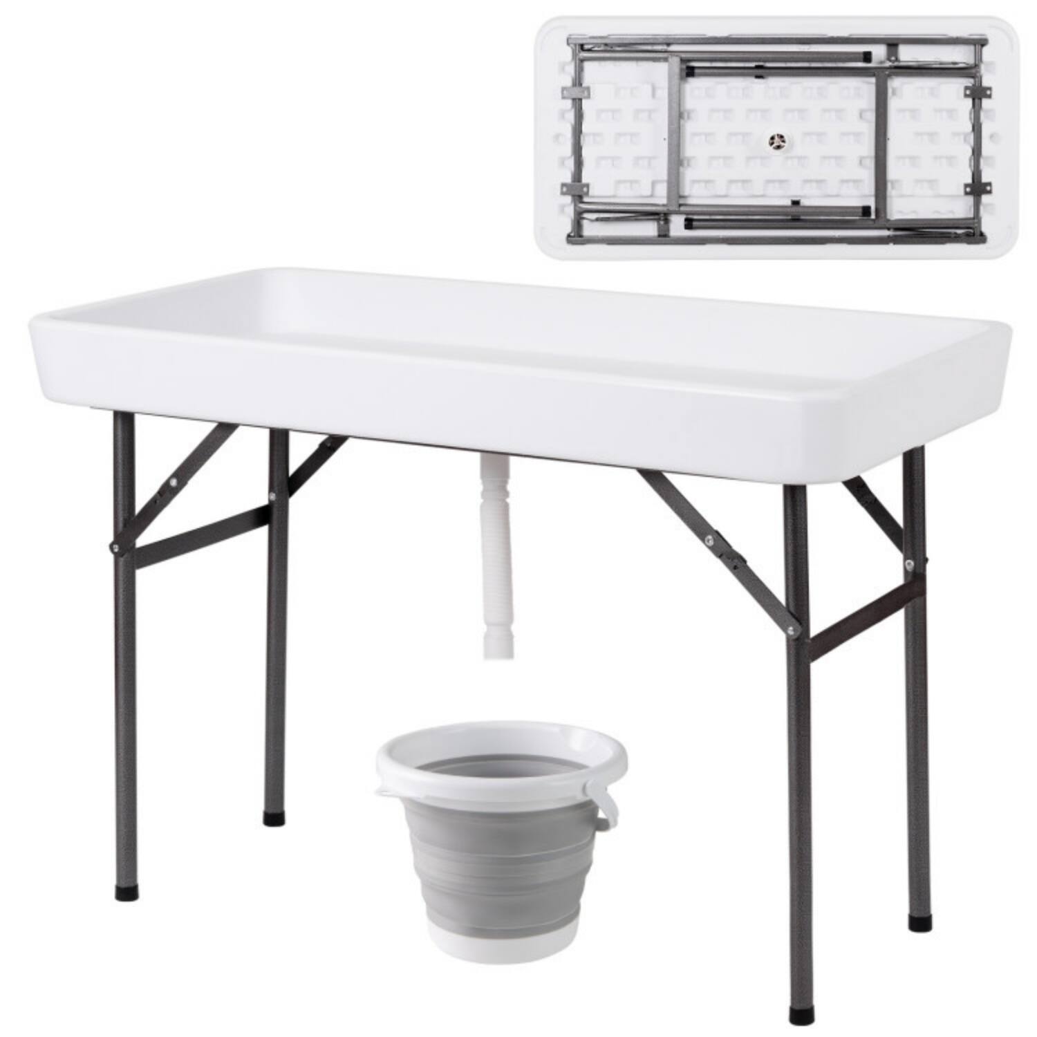 Alt View 3. Mondawe - 4 ft Folding Party Ice Table w Skirt & Ice Bucket Drain Hose Plastic Top Iron Legs - White.