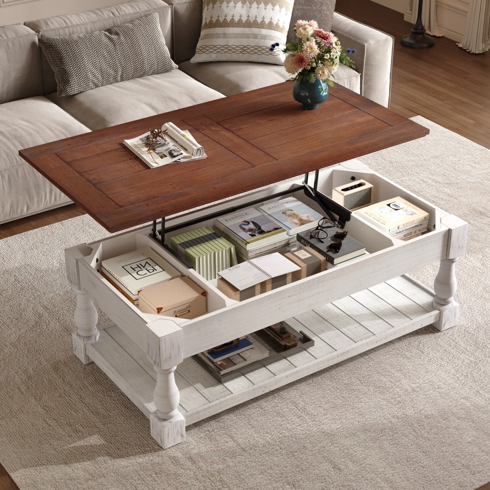 Loheer - retro lift-top coffee table with hidden storage compartments, solid wood frame - Espresso