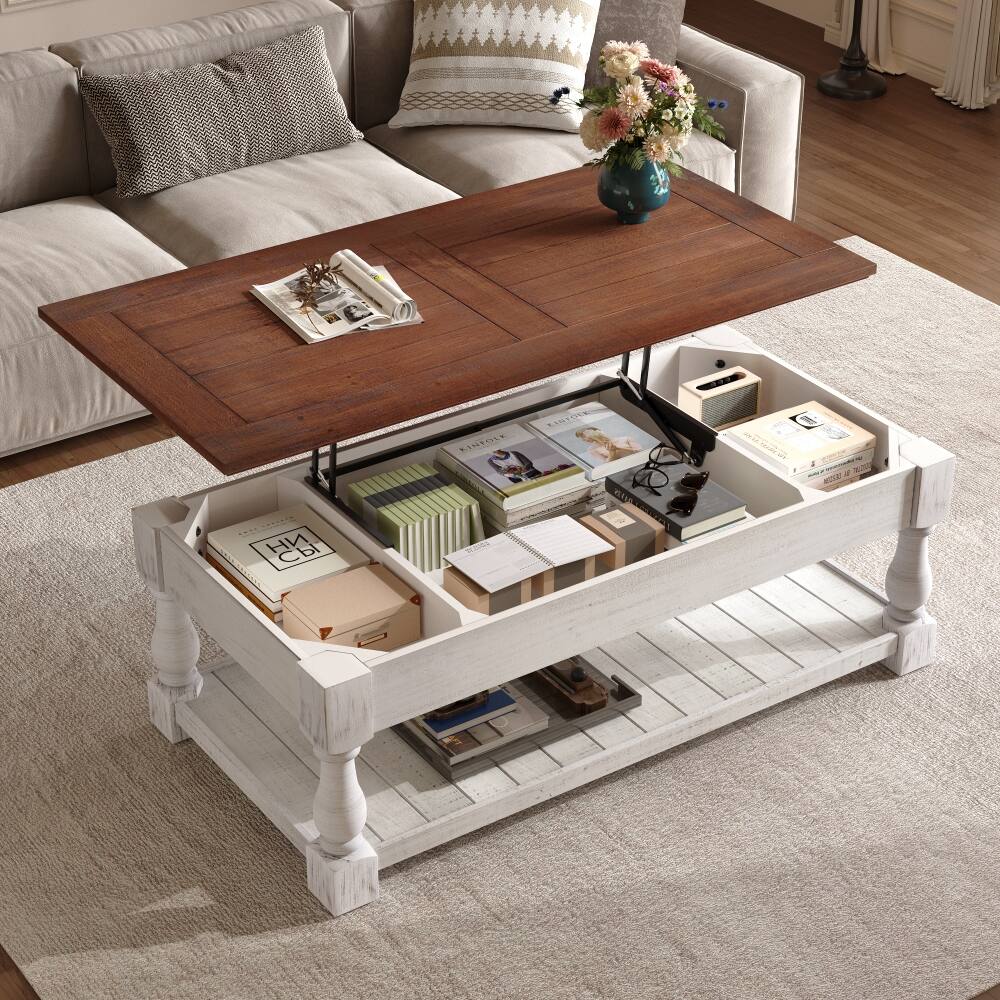Loheer - retro lift-top coffee table with hidden storage compartments, solid wood frame - Espresso