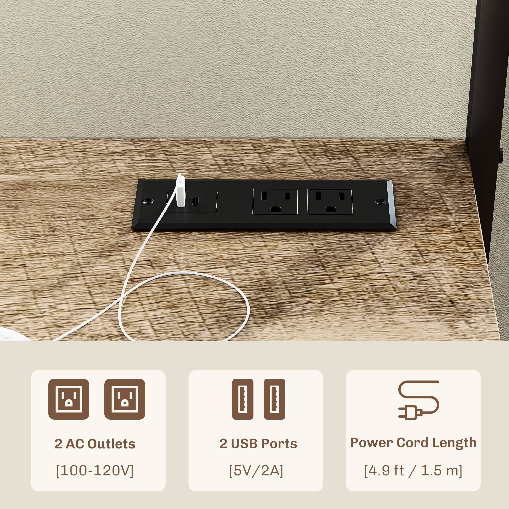 2 AC Outlets [100-120V], 2 USB Ports [5V/2A], Power Cord Length [4.9 ft / 1.5 m]