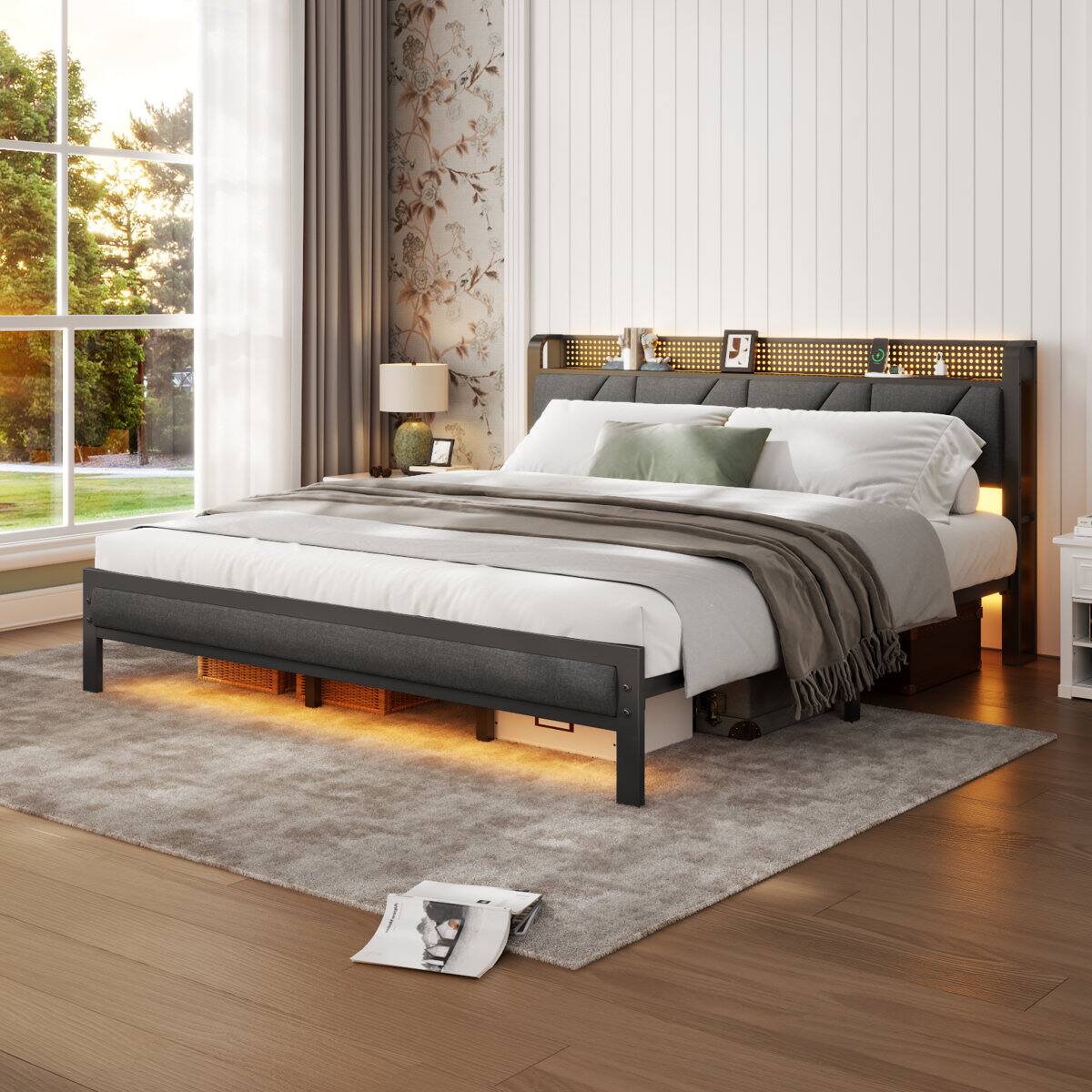 Alt View 1. Furnulem - Metal Storage Bed Frame with Upholstered Storage Headboard & Charging Station & RGB LED - Brown.