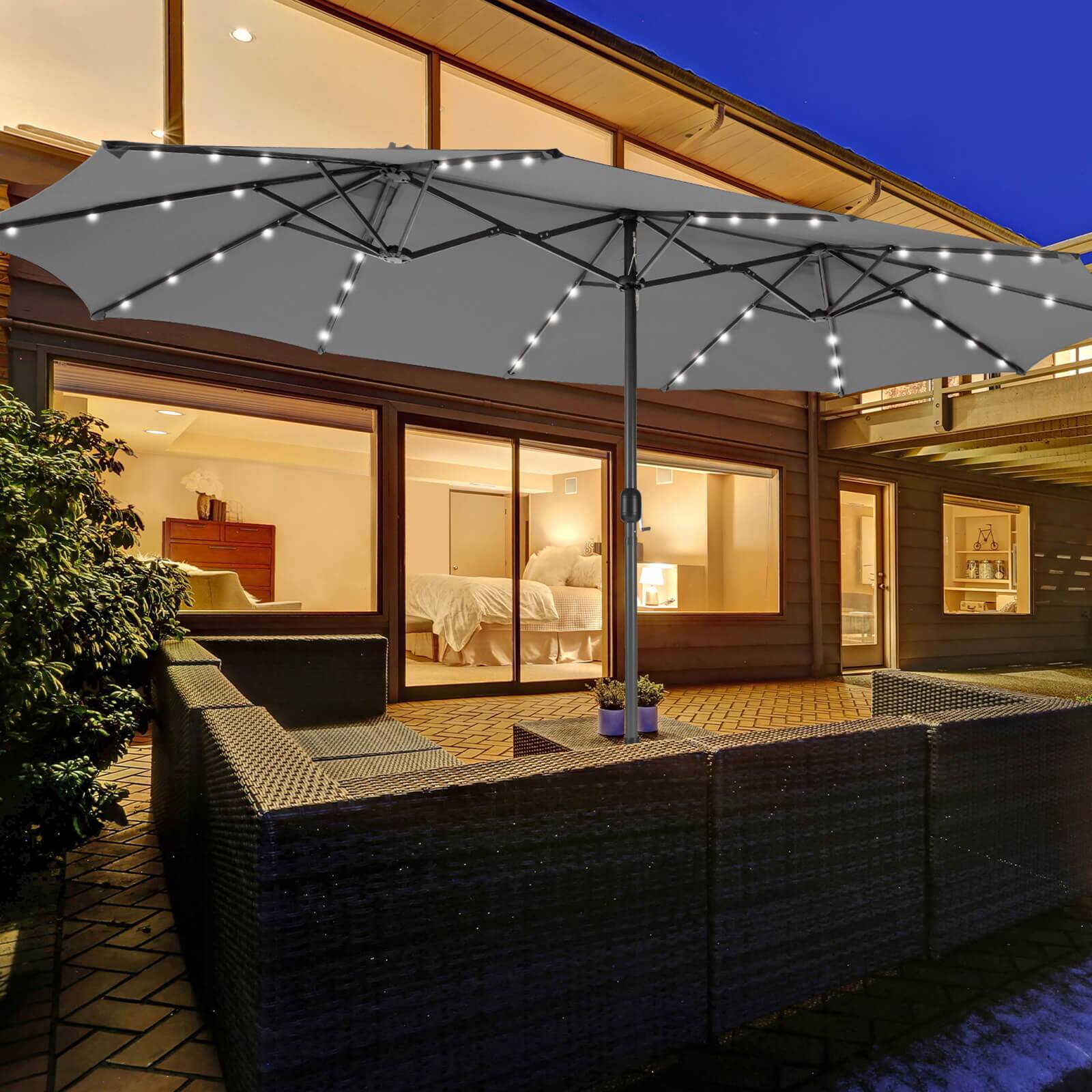 Alt View 4. Costway - Costway 15 FT Twin Patio Double-Sided Umbrella 48 Solar LED Lights Crank Outdoor - Gray.