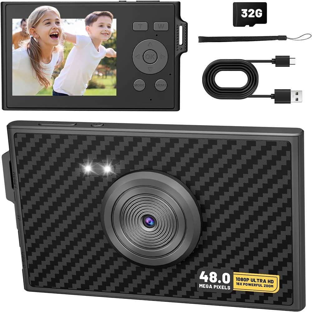 ACJPR - FHD 1080P Digital Camera, 48MP, 16X Zoom, Anti-Shake, 32GB SD Card