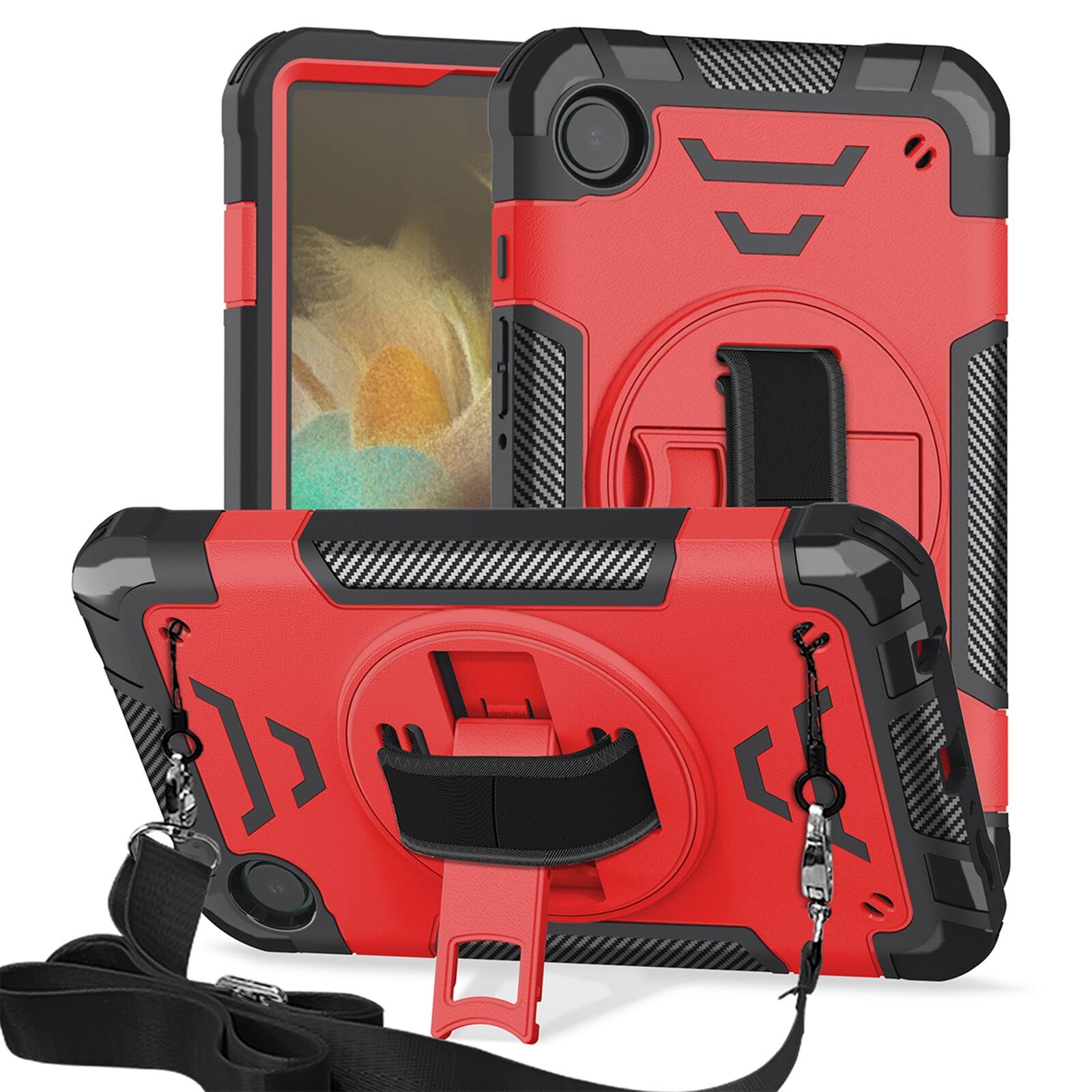 Dteck - Shockproof Case for Samsung Galaxy Tab A9 with Shoulder Hand Strap, Kid Friendly Rugged Cover with 360 Rotating Stand - Red
