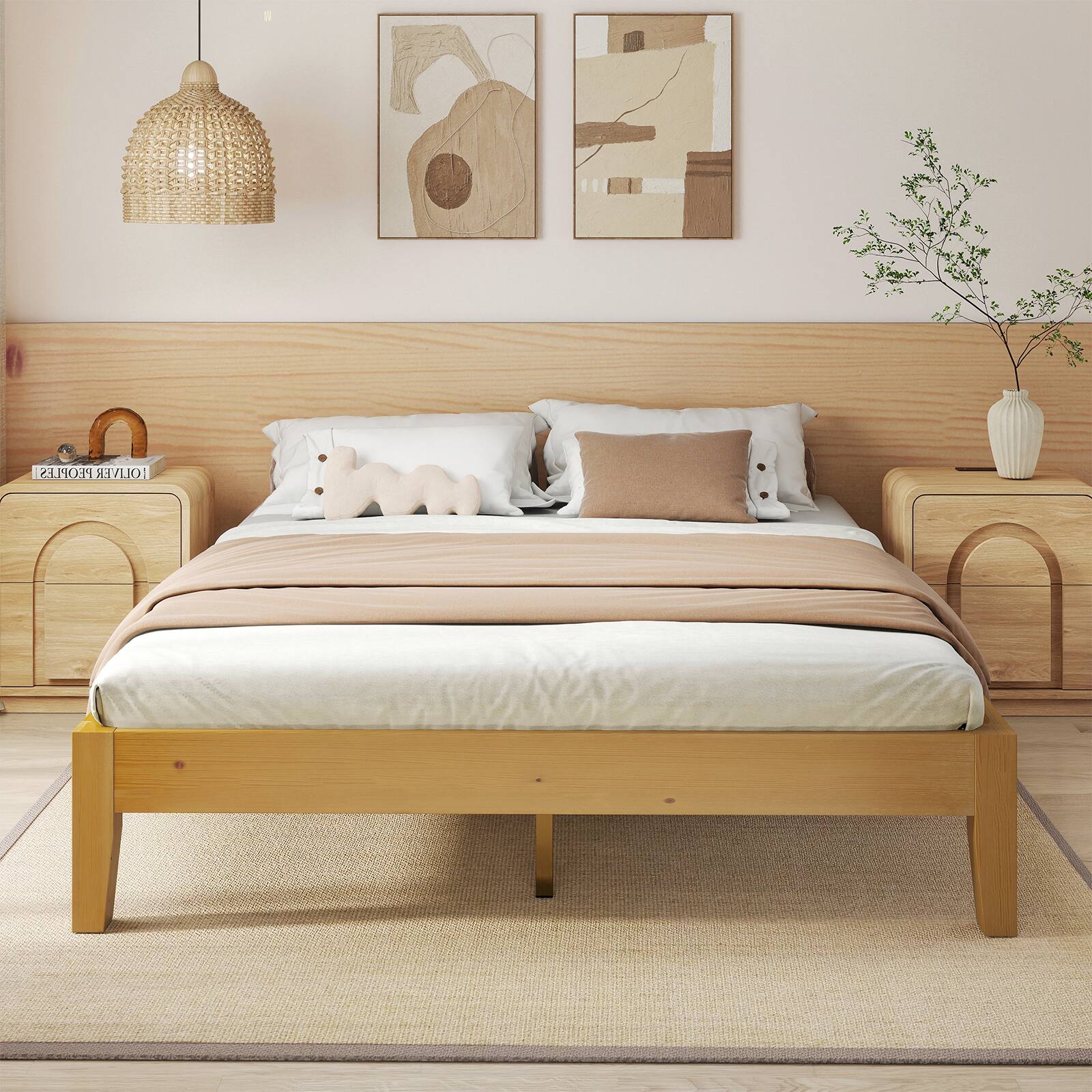 Bestier - Solid Wood Farmhouse Platform Bed Frame, No Box Spring Needed, 6.5" Under Bed Storage & Quiet Design - Pine Natural