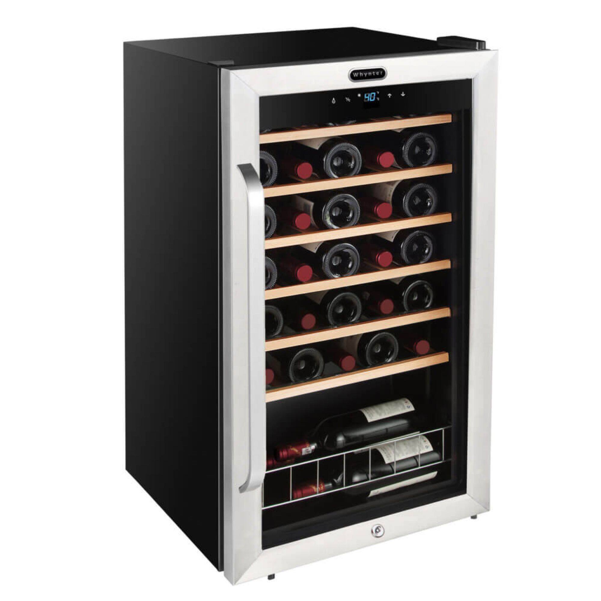 Angle. Whynter - 34 Bottle Freestanding Wine Refrigerator with Display Shelf - Stainless Steel.