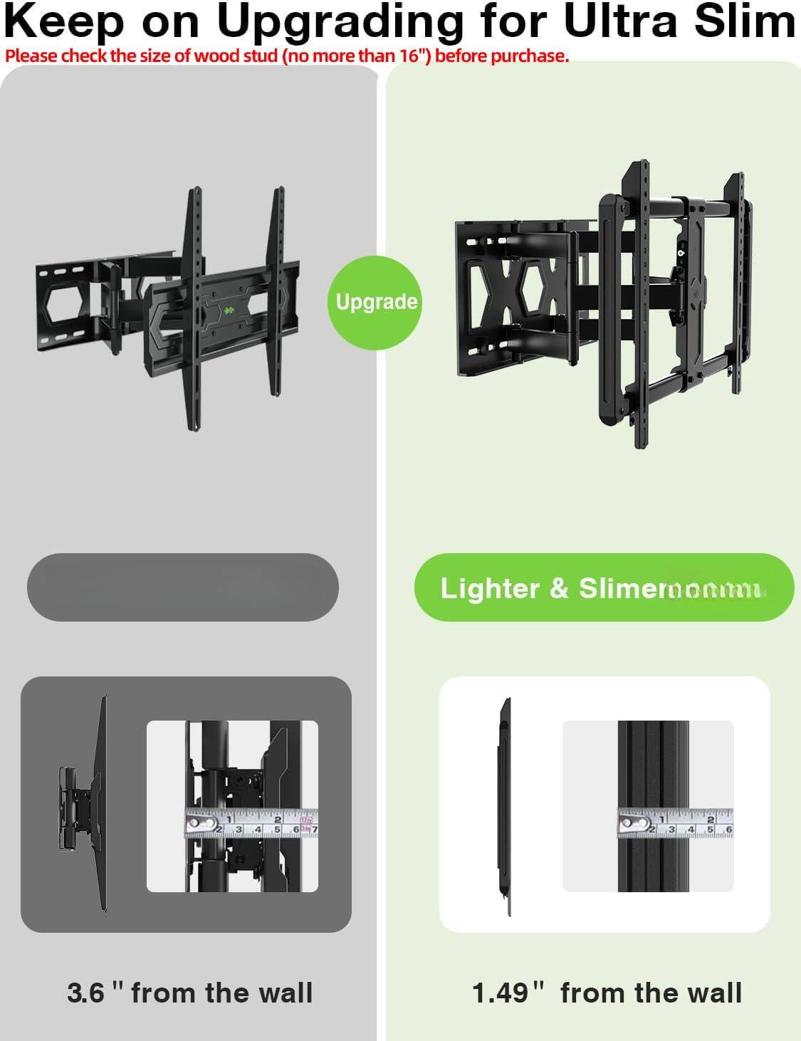 Keep on Upgrading for Ultra Slim  
Please check the size of wood stud (no more than 16") before purchase.  

Upgrade  
Lighter & Slimer  

3.6" from the wall  
1.49" from the wall