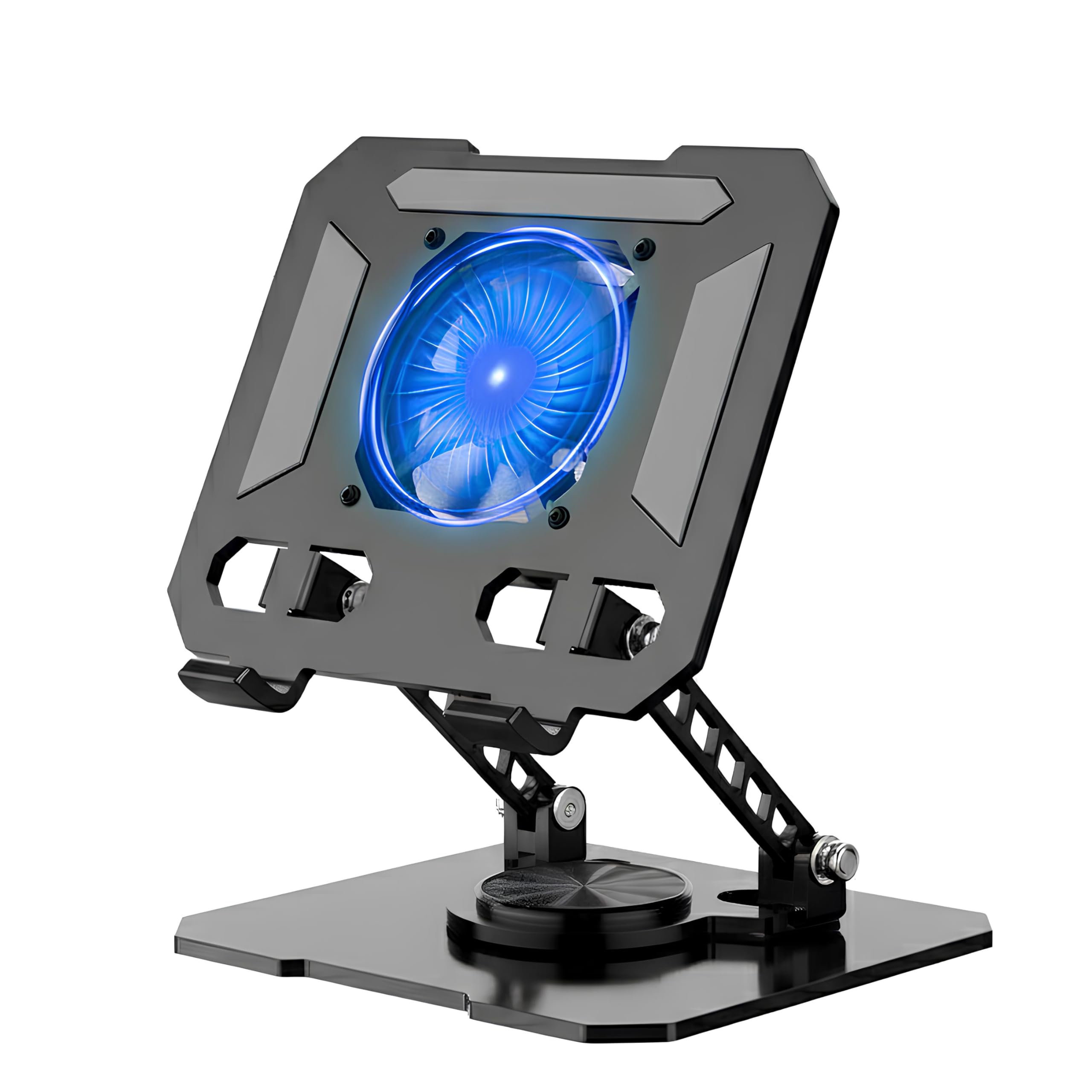 HongFei - Laptop Cooling Stand with Turbo Fan, Adjustable Height & Angle, 360° Rotating Aluminum Riser for Up to 15.6” - Black
