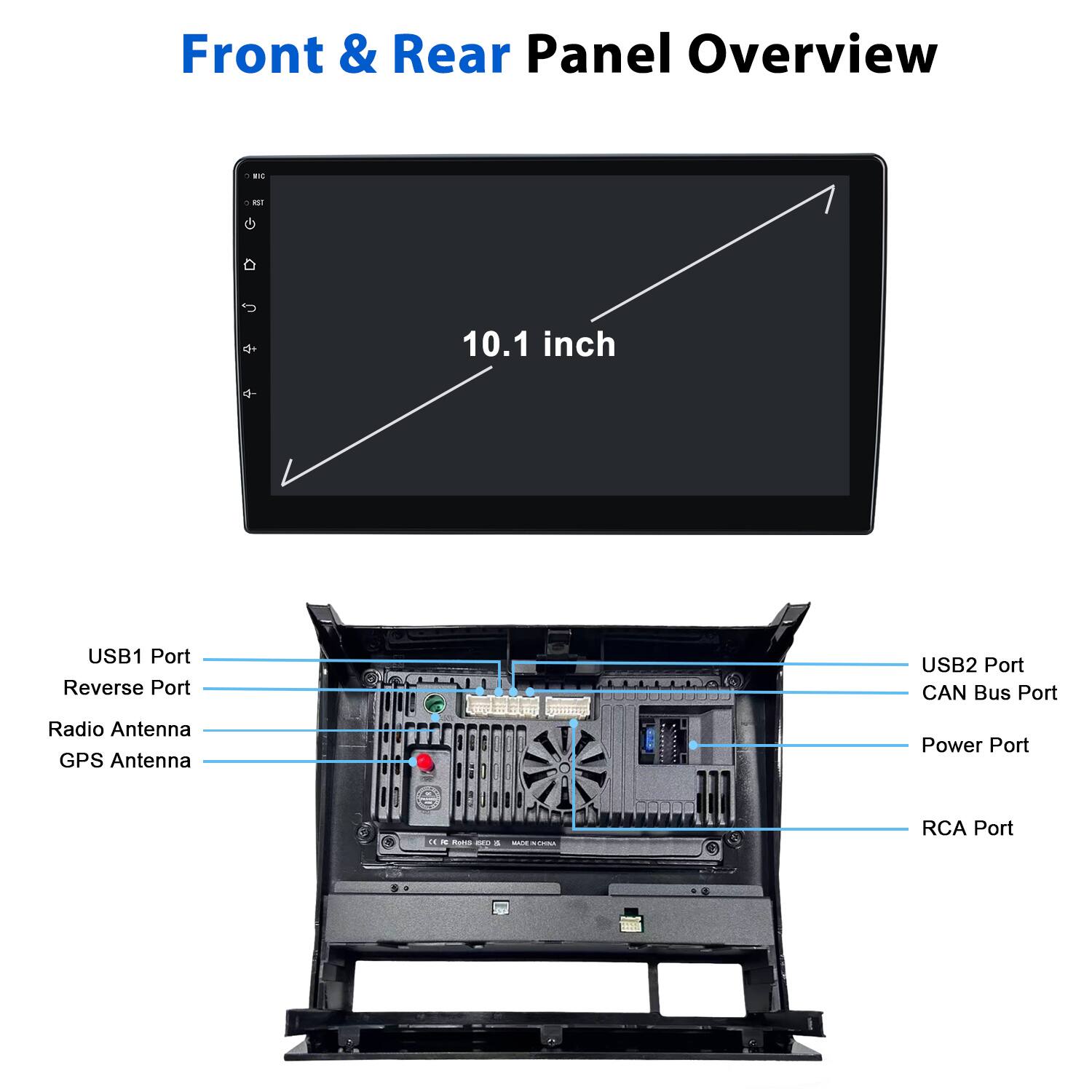 Front & Rear Panel Overview

- 10.1 inch
- USB1 Port
- Reverse Port
- Radio Antenna
- GPS Antenna
- USB2 Port
- CAN Bus Port
- Power Port
- RCA Port