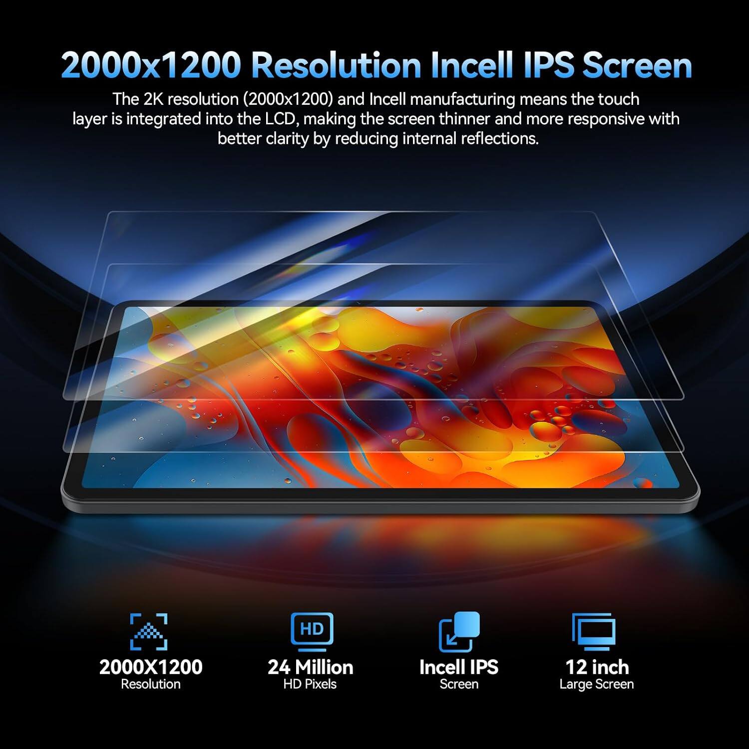 2000x1200 Resolution Incell IPS Screen

The 2K resolution (2000x1200) and Incell manufacturing means the touch layer is integrated into the LCD, making the screen thinner and more responsive with better clarity by reducing internal reflections.

HD
2000X1200 Resolution
24 Million HD Pixels
Incell IPS Screen
12 inch Large Screen