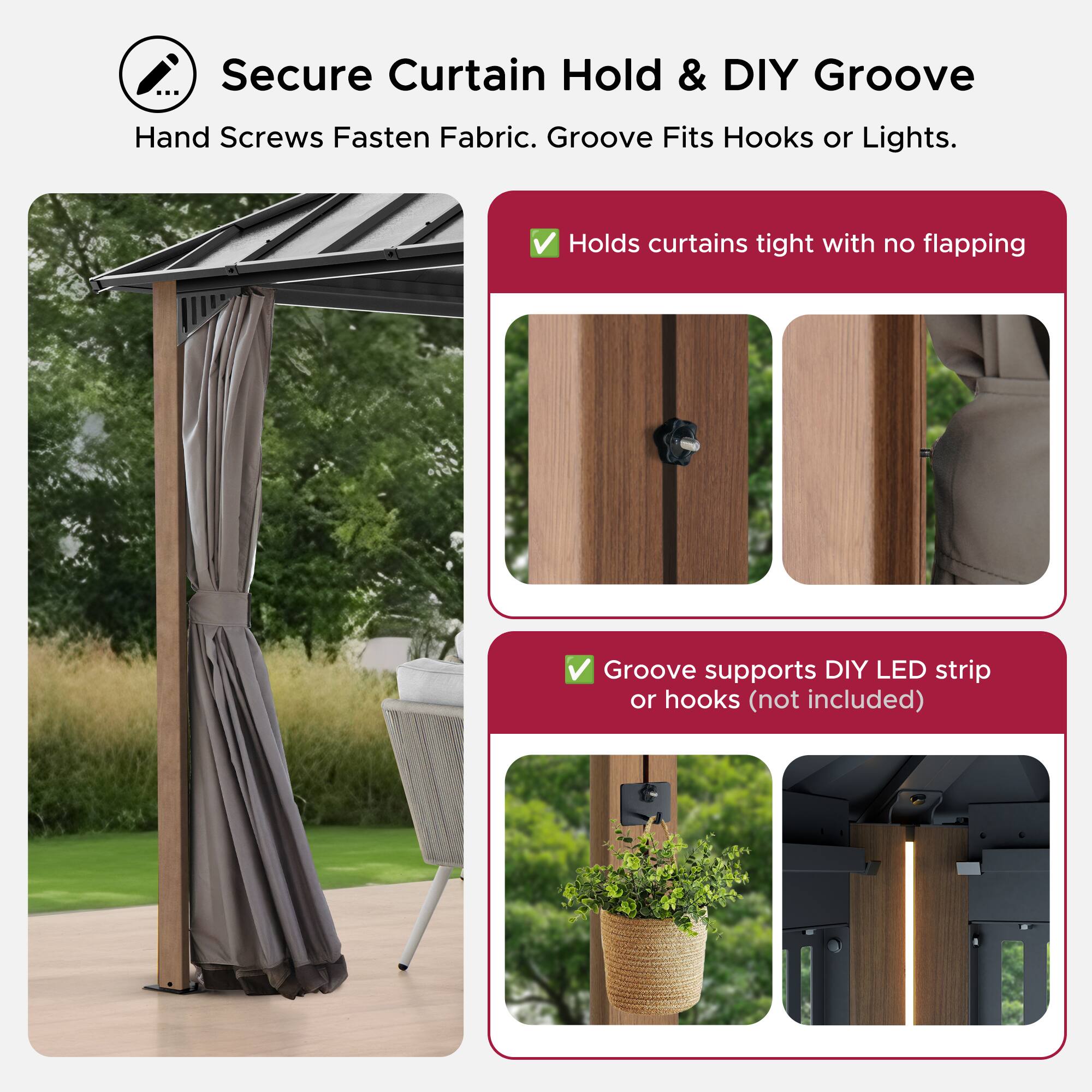 Secure Curtain Hold & DIY Groove  
Hand Screws Fasten Fabric. Groove Fits Hooks or Lights.  

- Holds curtains tight with no flapping  
- Groove supports DIY LED strip or hooks (not included)