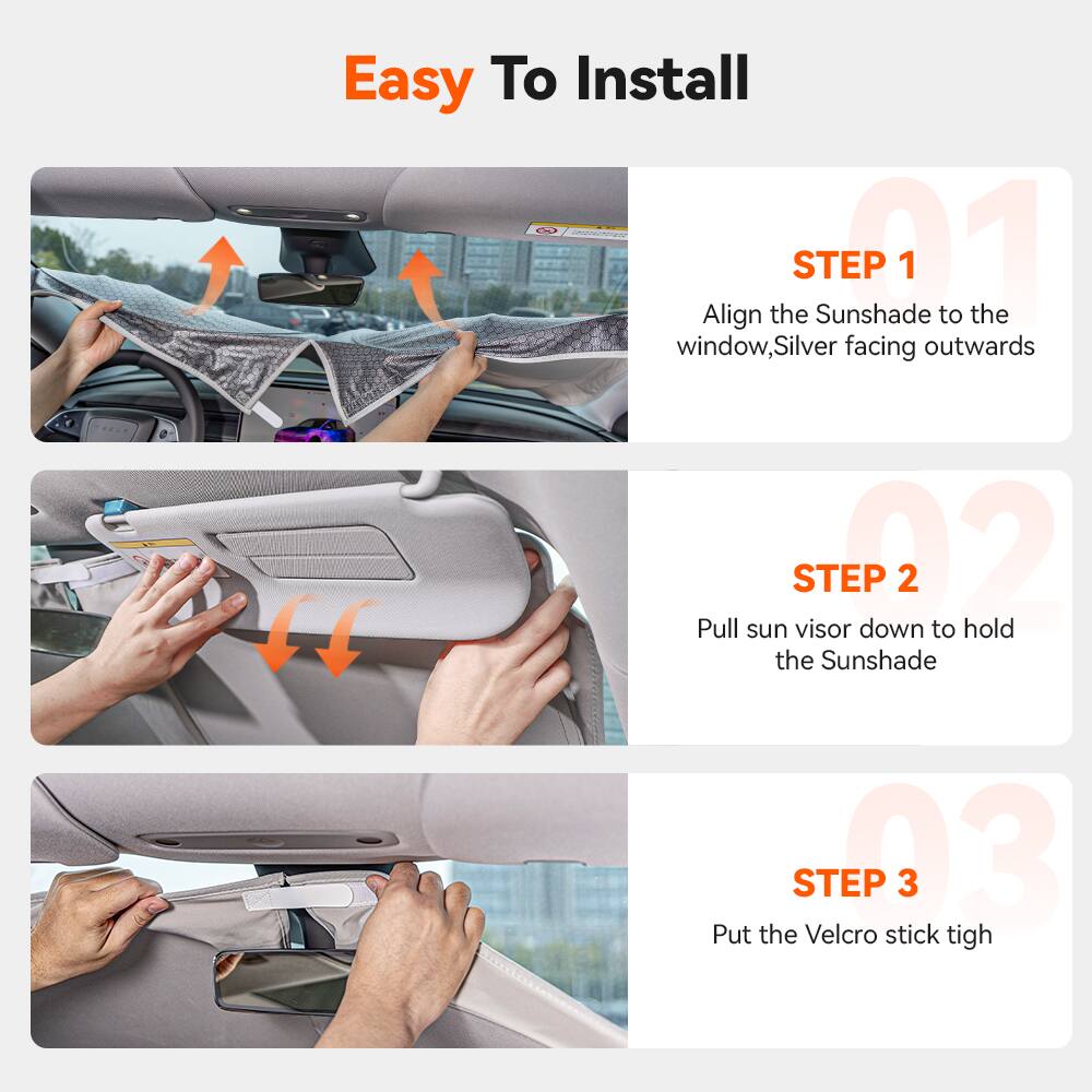 Easy To Install

STEP 1
Align the Sunshade to the window, Silver facing outwards

STEP 2
Pull sun visor down to hold the Sunshade

STEP 3
Put the Velcro stick tight