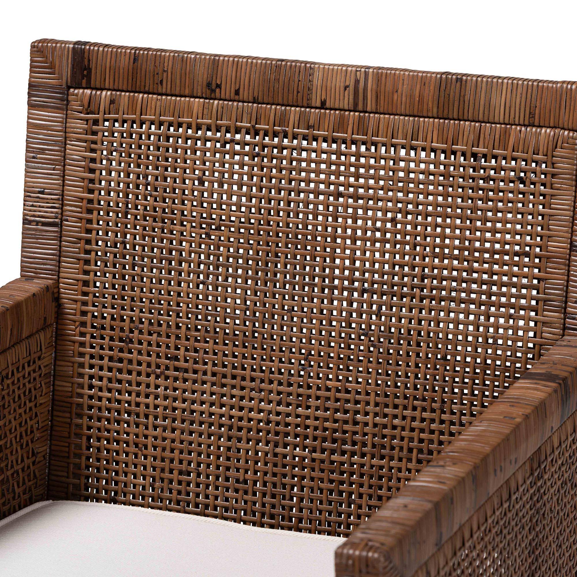 Alt View 1. bali & pari - Karis Rattan Dining Chair with Cushion - Handwoven Wicker Armchair with Mahogany Wood Frame, Coastal Indoor Seating - Antique Coffee.