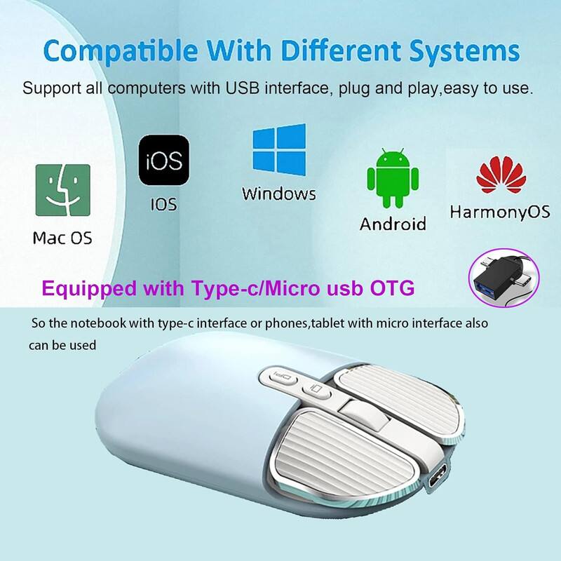 **Compatible With Different Systems**

Support all computers with USB interface, plug and play, easy to use.

- Mac OS
- iOS
- Windows
- Android
- HarmonyOS

**Equipped with Type-c/Micro usb OTG**

So the notebook with type-c interface or phones, tablet with micro interface also can be used