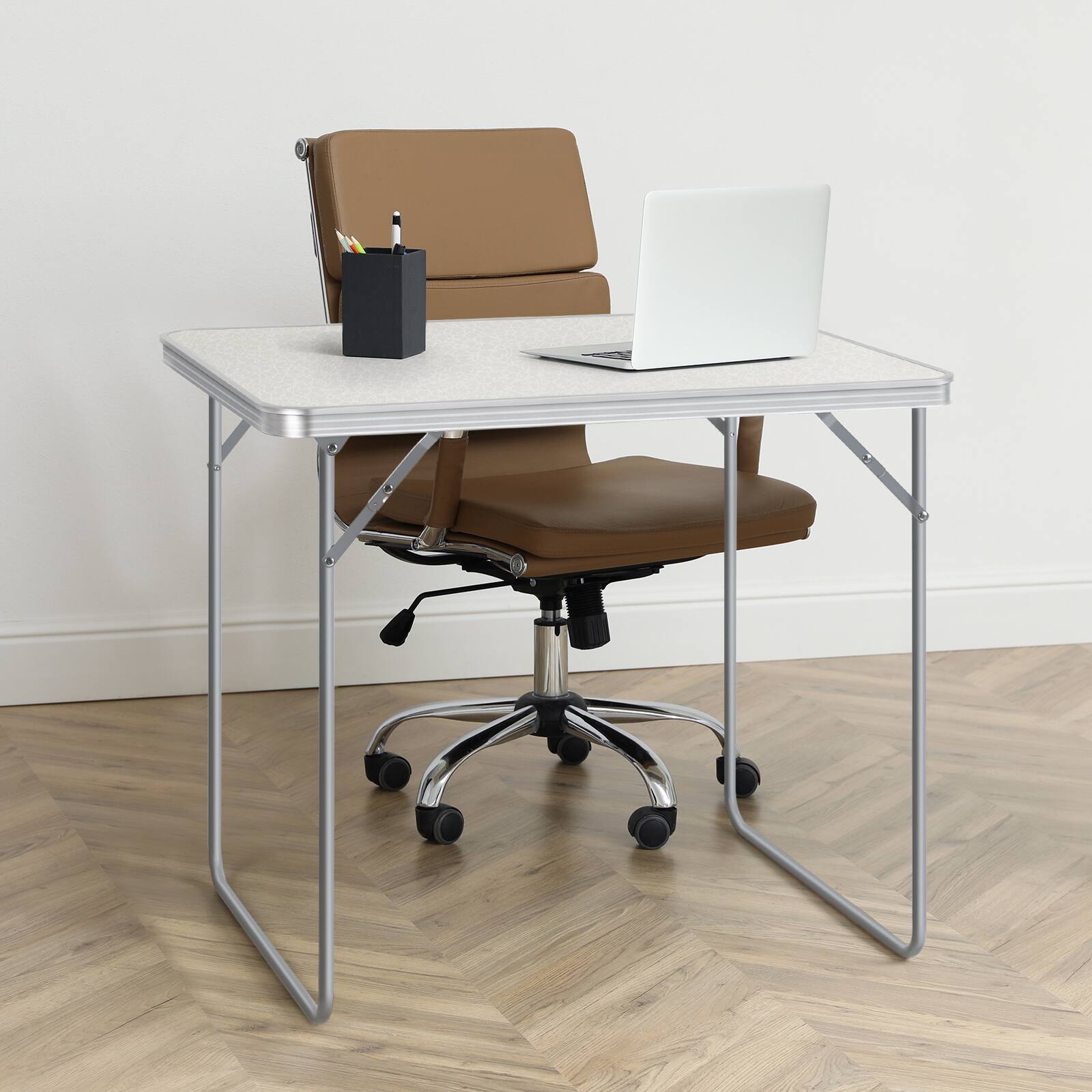 Alt View 3. Oumilen - Aluminum Frame Folding Table with Carry Handle， White - White.