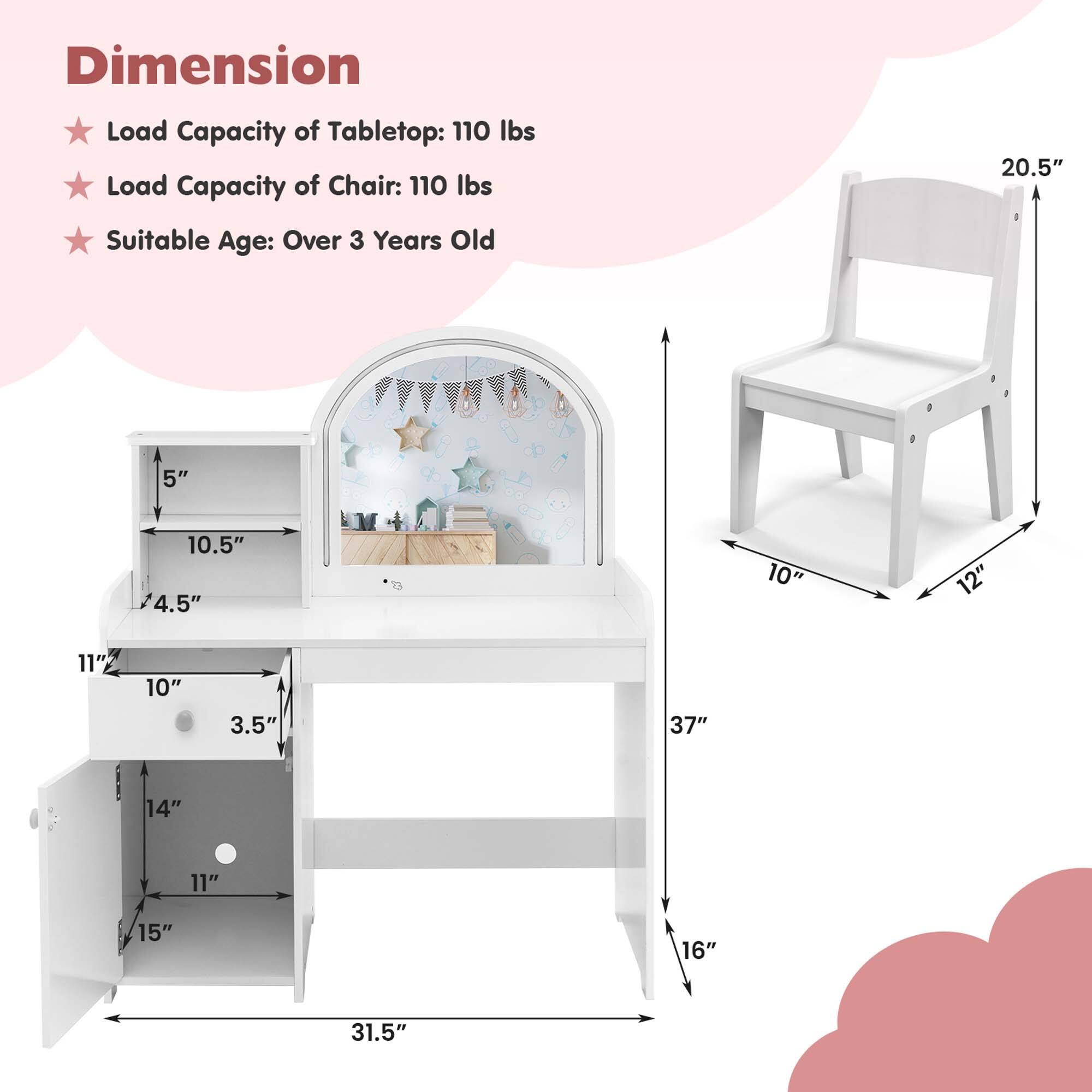 Here is the corrected and grouped text:

**Dimension:**
- Load Capacity of Tabletop: 110 lbs
- Load Capacity of Chair: 110 lbs
- Suitable Age: Over 3 Years Old

**Dimensions:**
- Tabletop: 37" x 16"
- Chair: 20.5" x 10.5" x 12"
- Shelf Dimensions: 
  - Top Shelf: 10.5" x 4.5"
  - Middle Shelf: 10" x 3.5"
  - Bottom Shelf: 14" x 11"
  - Overall Height: 31.5"