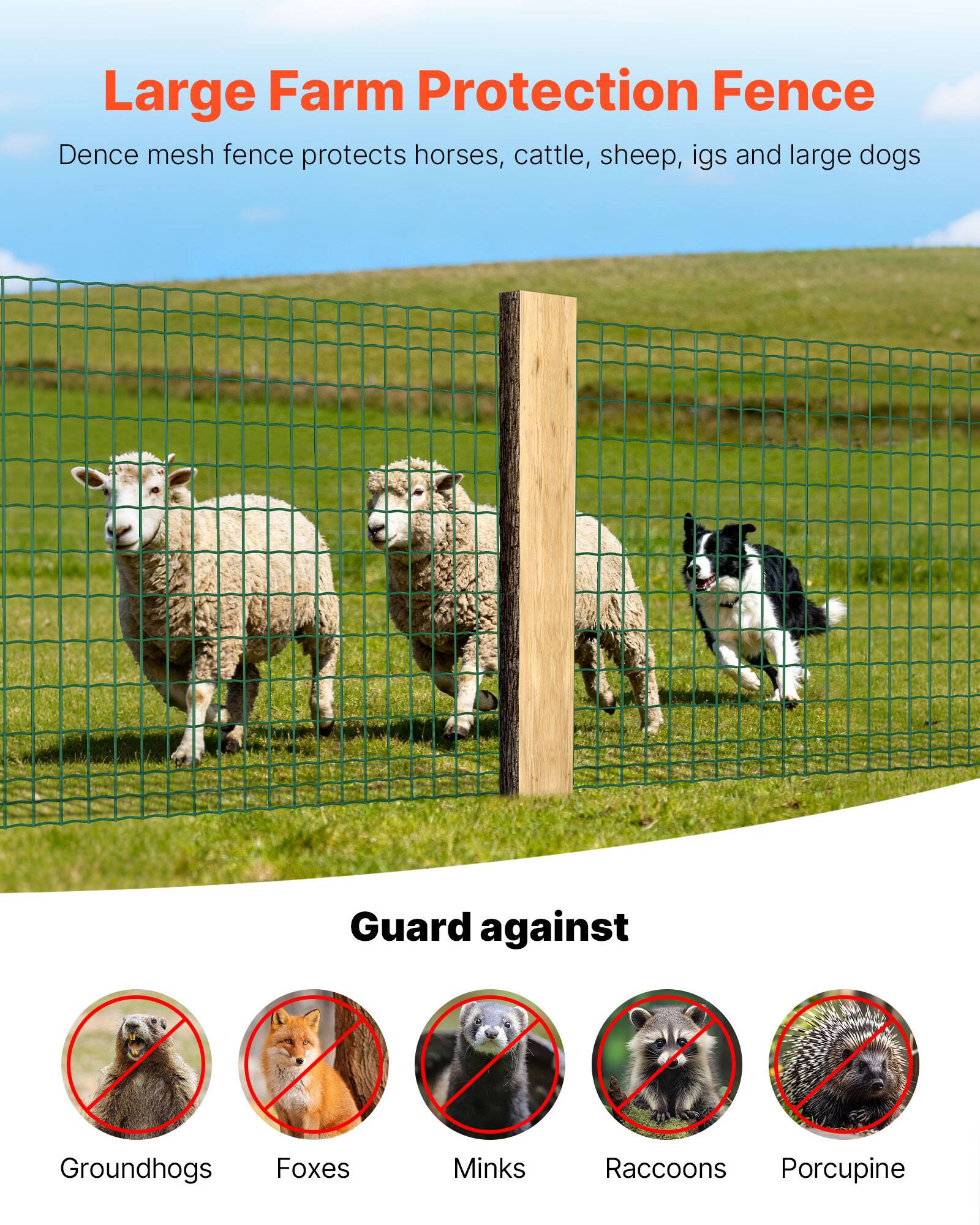 Large Farm Protection Fence  
Dense mesh fence protects horses, cattle, sheep, pigs and large dogs  

Guard against  
Groundhogs  
Foxes  
Minks  
Raccoons  
Porcupine