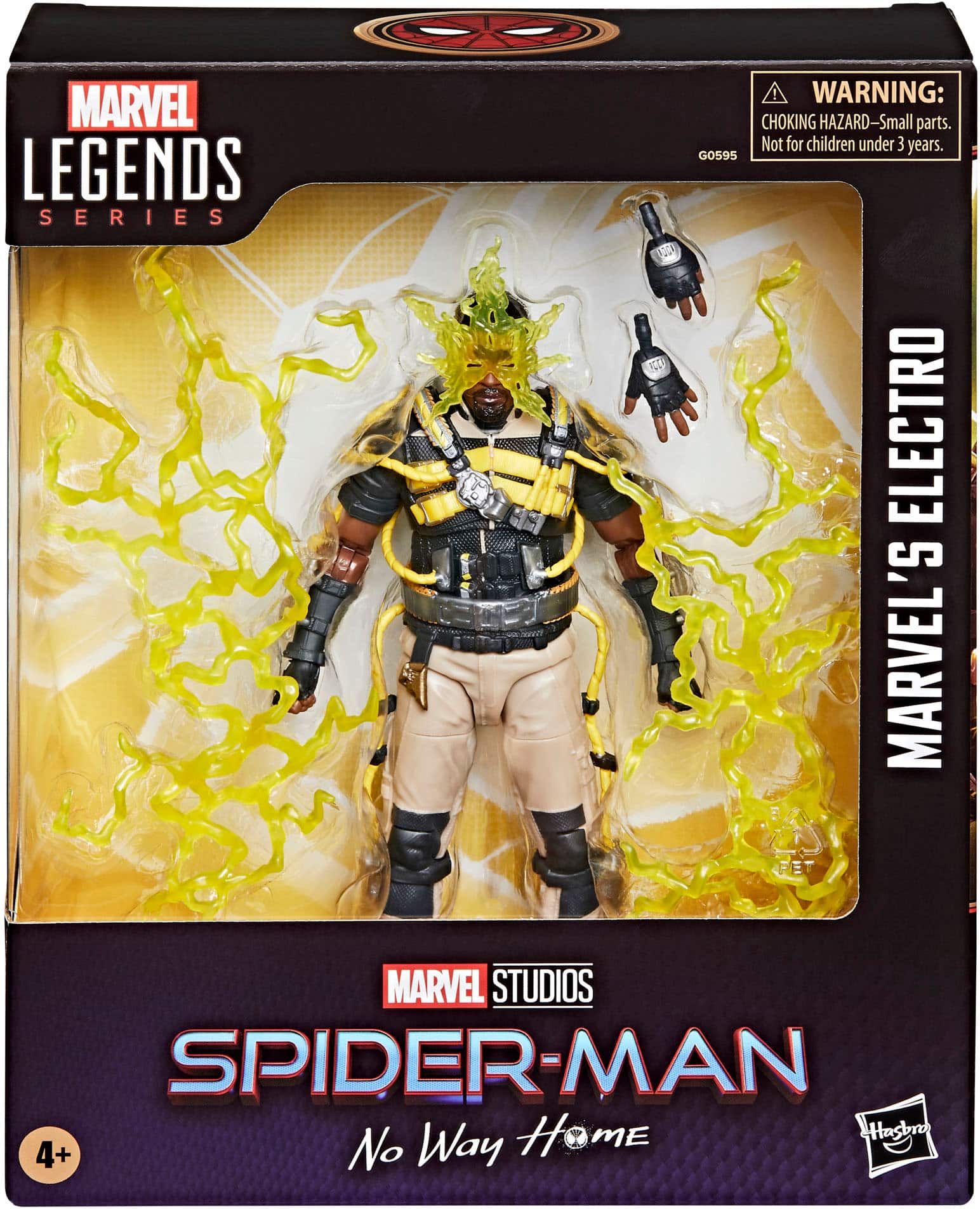 The image features a Marvel Legends Series Spider-Man action figure. The figure is in a box, which has a warning label stating that it is not suitable for children under three years old due to small parts that could pose a choking hazard. The box also indicates that the figure is part of the Marvel Studios Spider-Man: No Way Home collection.