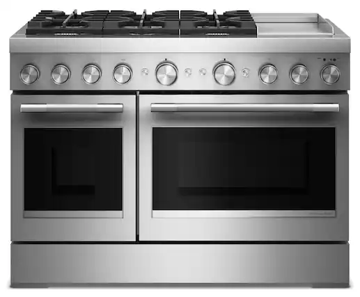 Front. KitchenAid - 48 in. Wide 6 burner 6.3 cu. ft. Freestanding Dual Fuel Range with Griddle and 6 Burners - Stainless Steel.