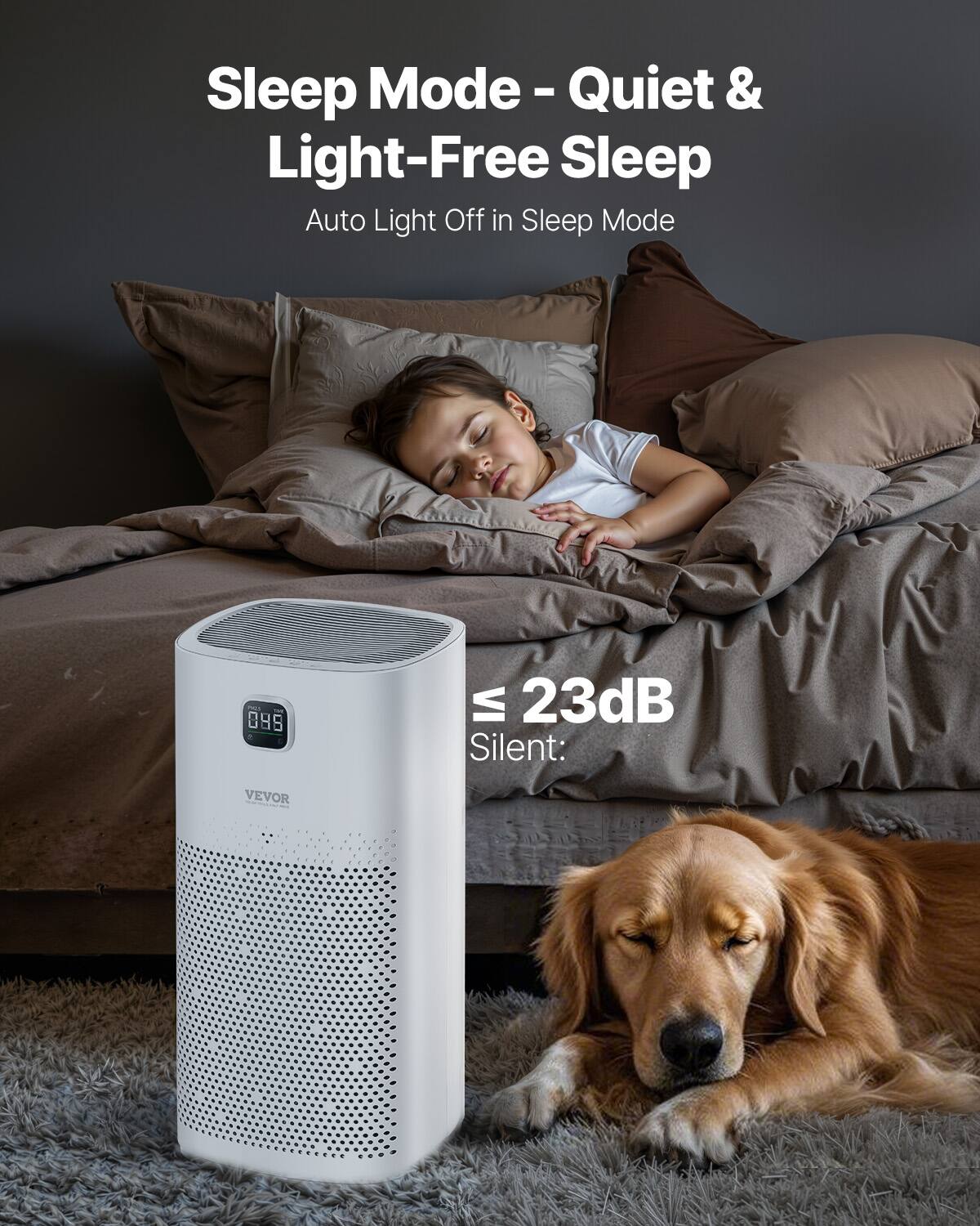 Sleep Mode - Quiet & Light-Free Sleep  
Auto Light Off in Sleep Mode  

≤ 23dB Silent:  

VEVOR
