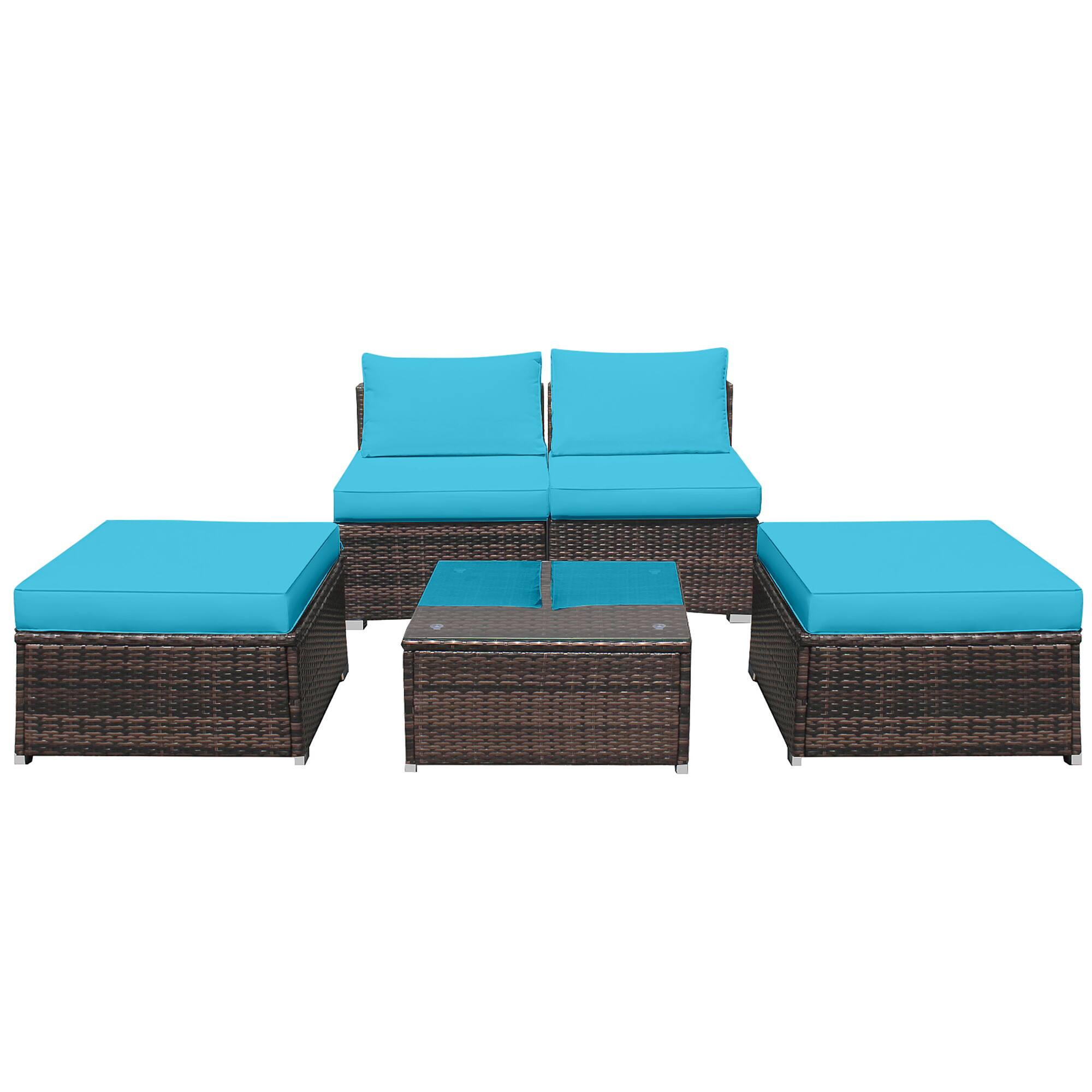 Alt View 1. Gymax - Gymax 5PCS Outdoor Patio Furniture Set w/ Coffee Table Ottoman Turquoise Cushion - as pic.